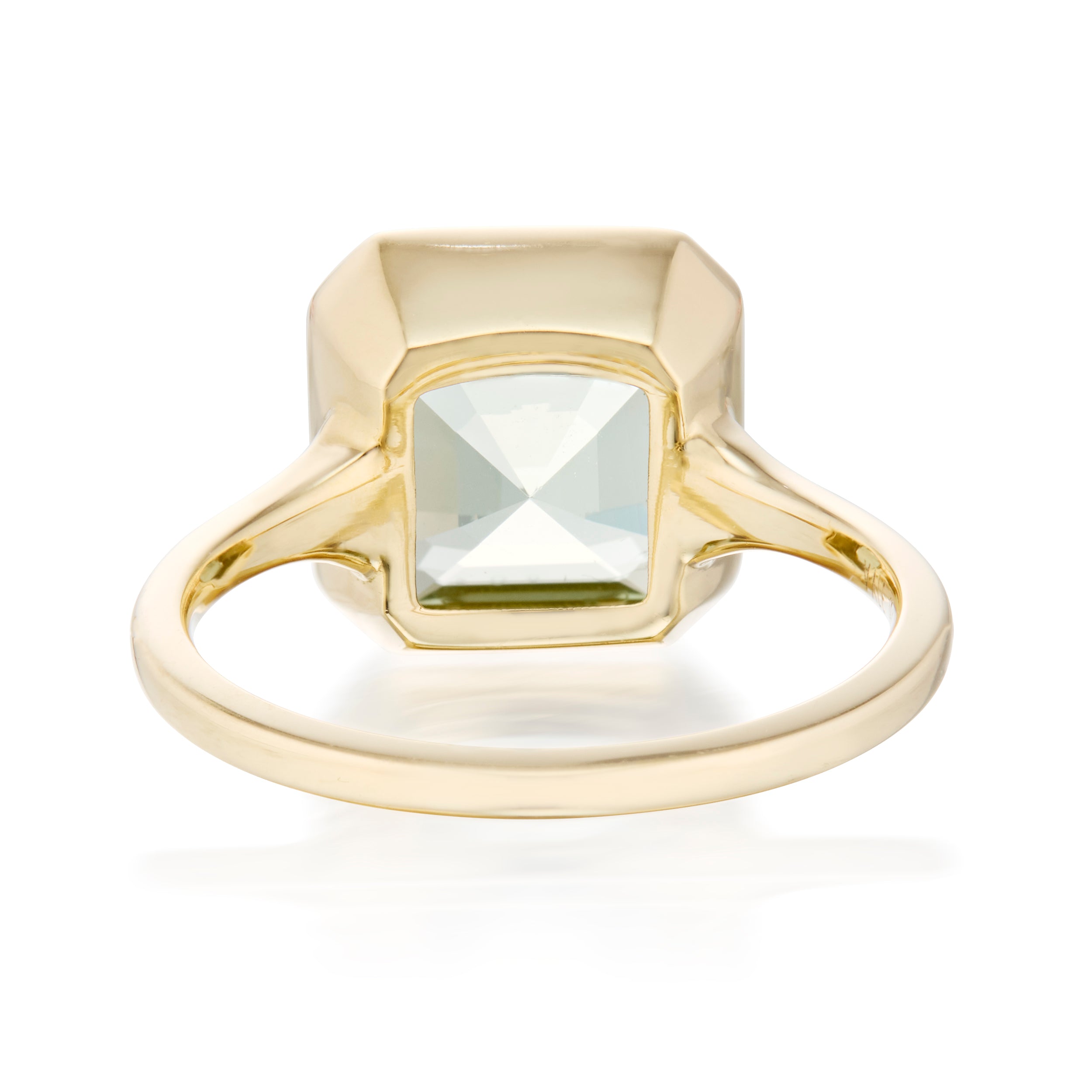 3.80 Carat Asscher Cut Green Tourmaline Bezel Set Ring Yellow Gold Back View