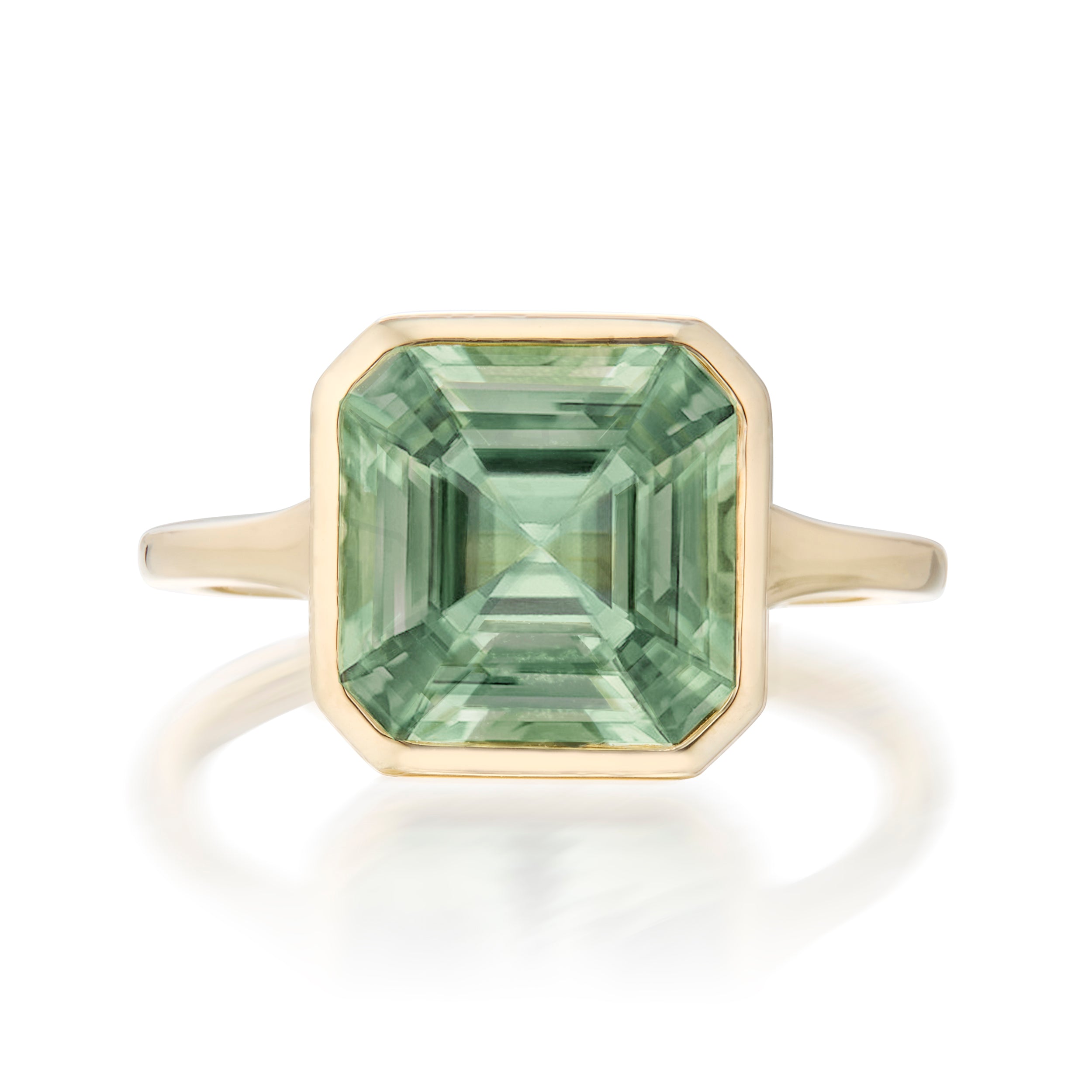 3.80 Carat Asscher Cut Green Tourmaline Bezel Set Ring Yellow Gold Front View