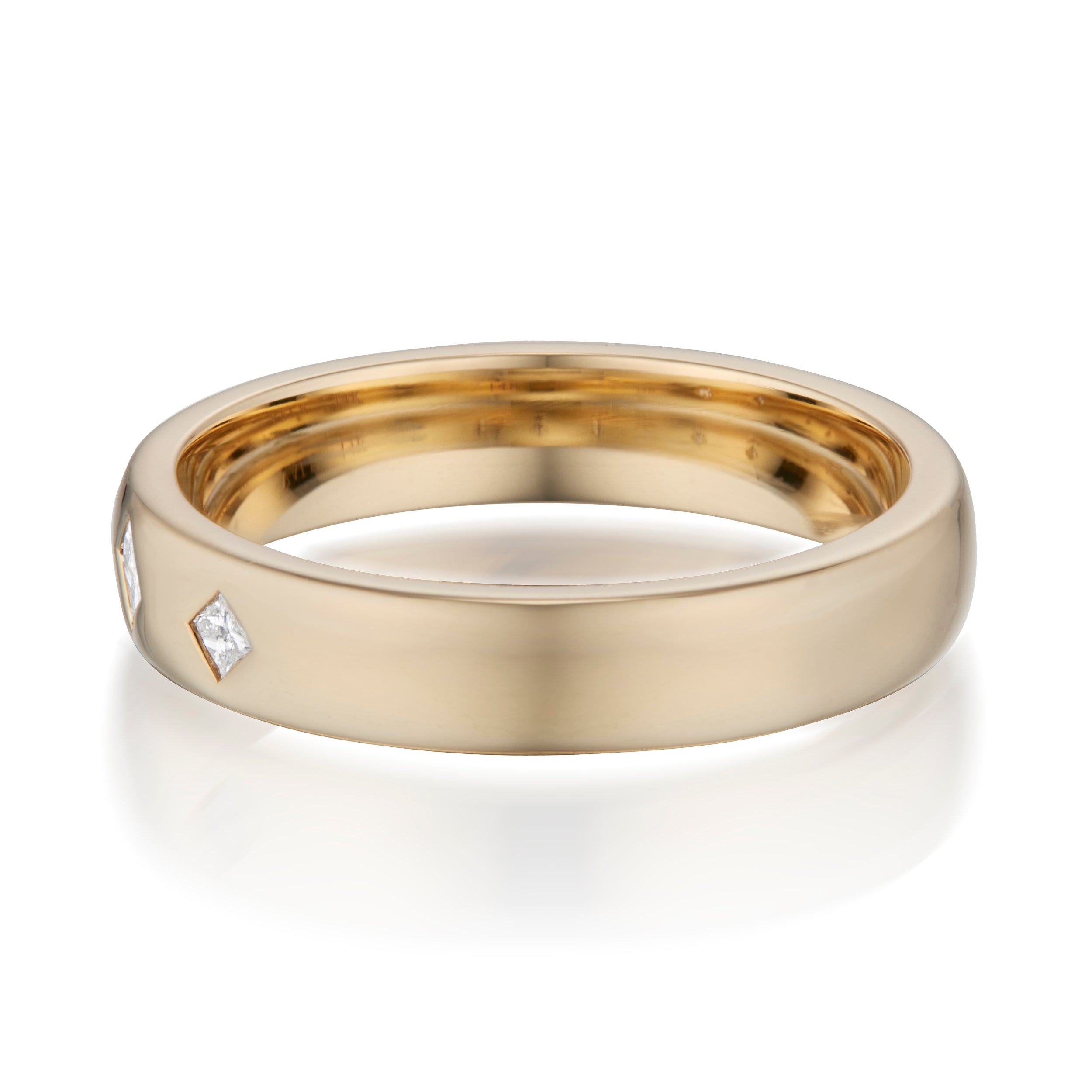 3 Square Cut Diamond Band Yellow Gold Side View