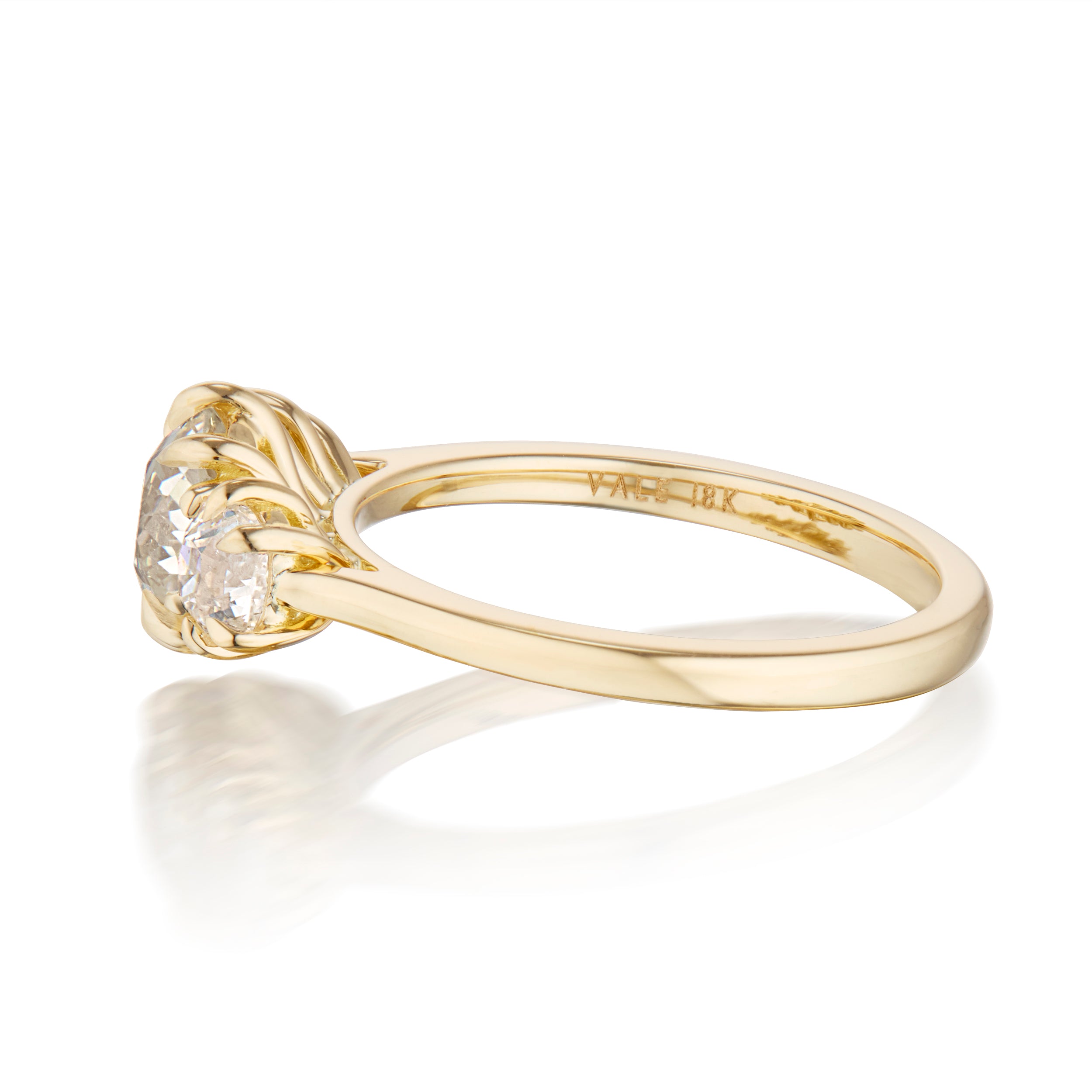 3 Stone 1.37 Carat Old Mine Cut Diamond Maelle Ring Yellow Gold Side View