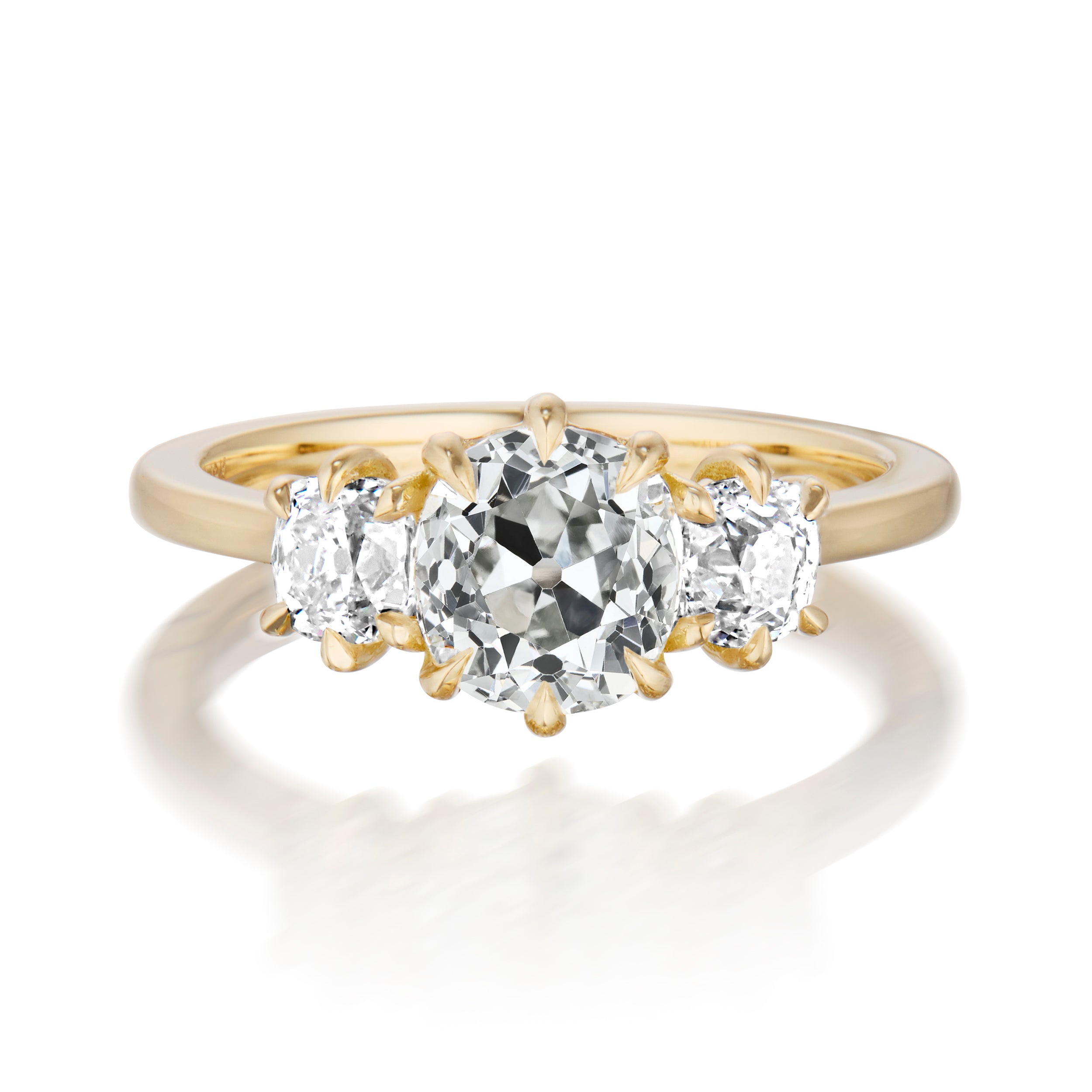 3 Stone 1.37 Carat Old Mine Cut Diamond Maelle Ring Yellow Gold Front View