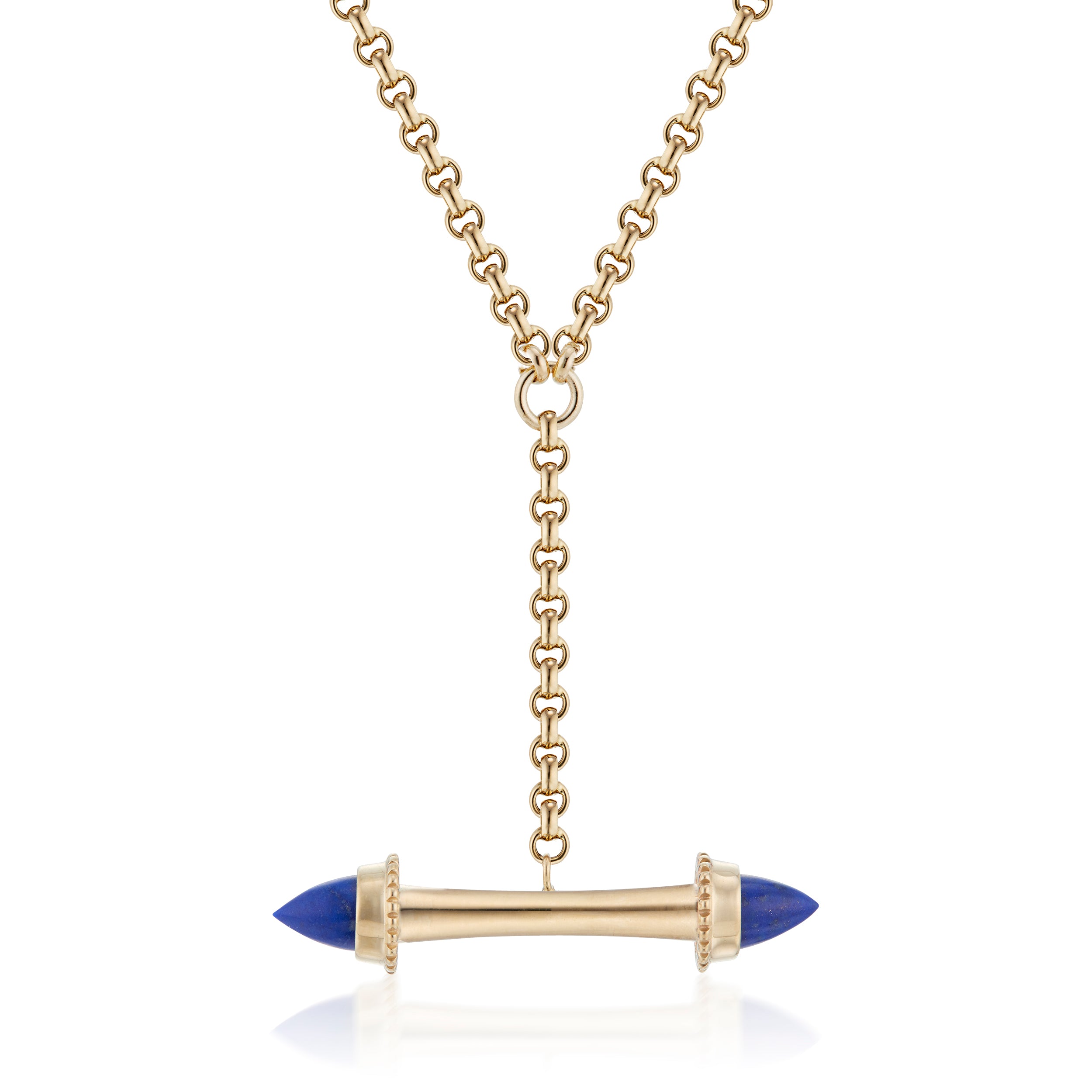 Amphora Scroll Y-Necklace Lapis Yellow Gold Close-Up Image