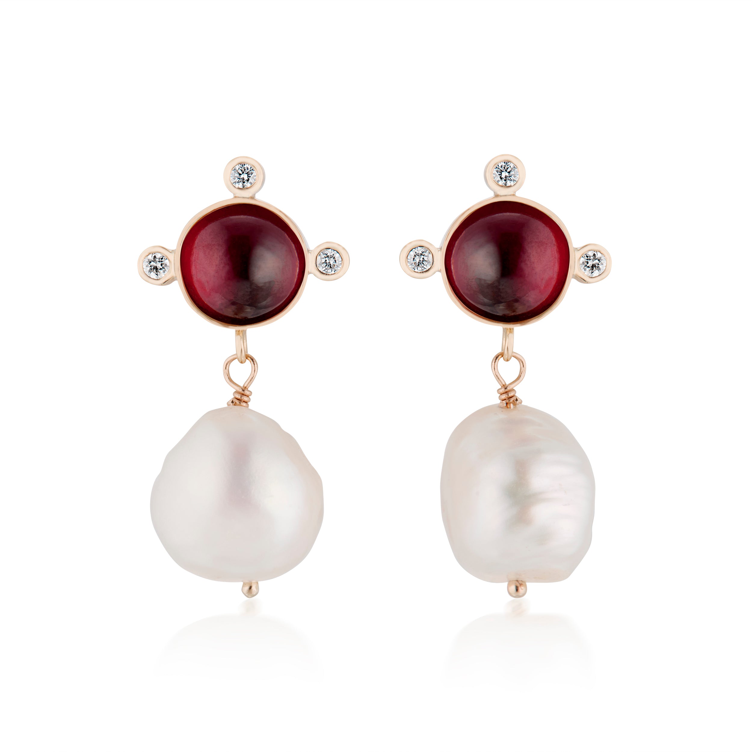 Garnet Cabochon Diamond Compass And Baroque Pearl Drop Earrings Rose Front View