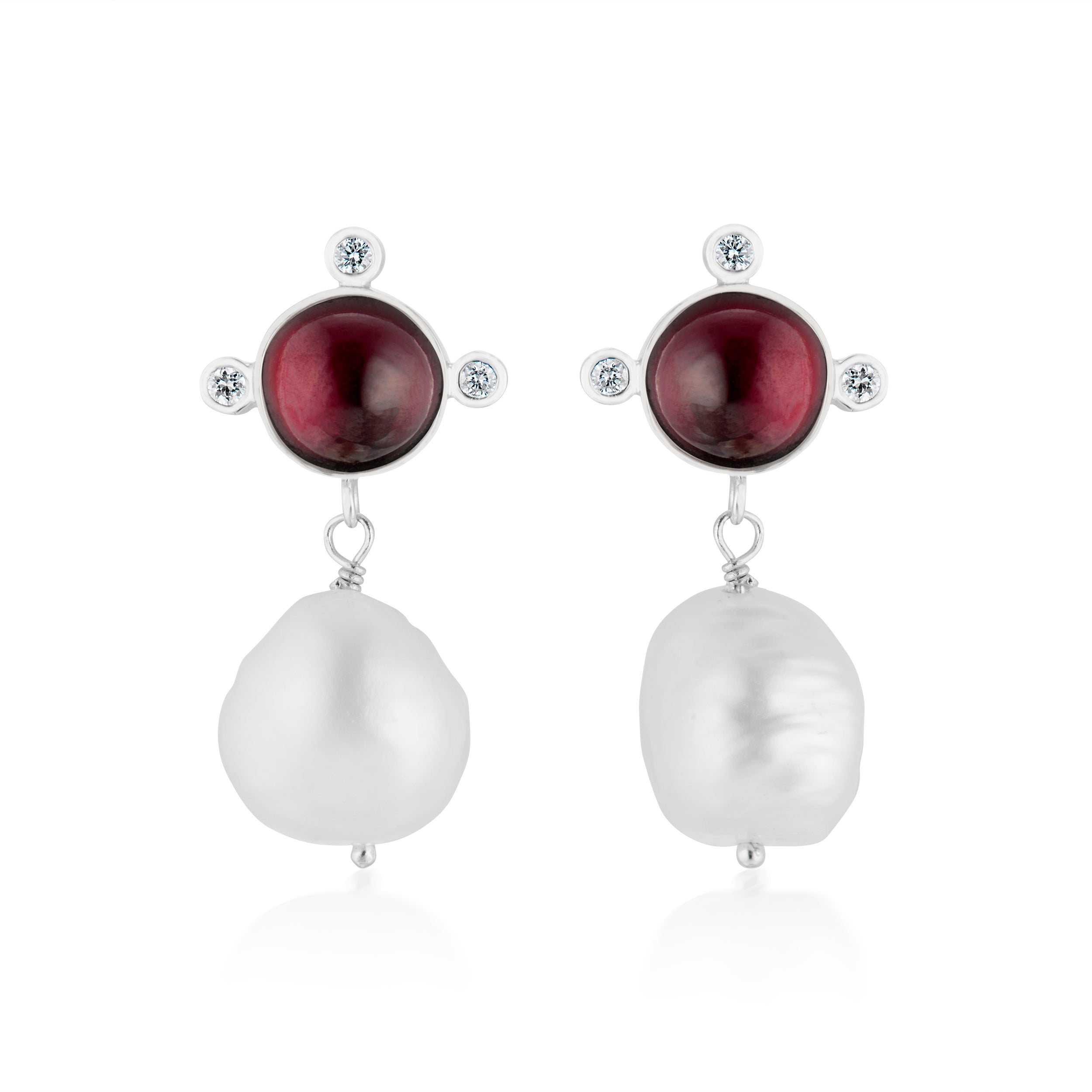 Garnet Cabochon Diamond Compass And Baroque Pearl Drop Earrings White Front View