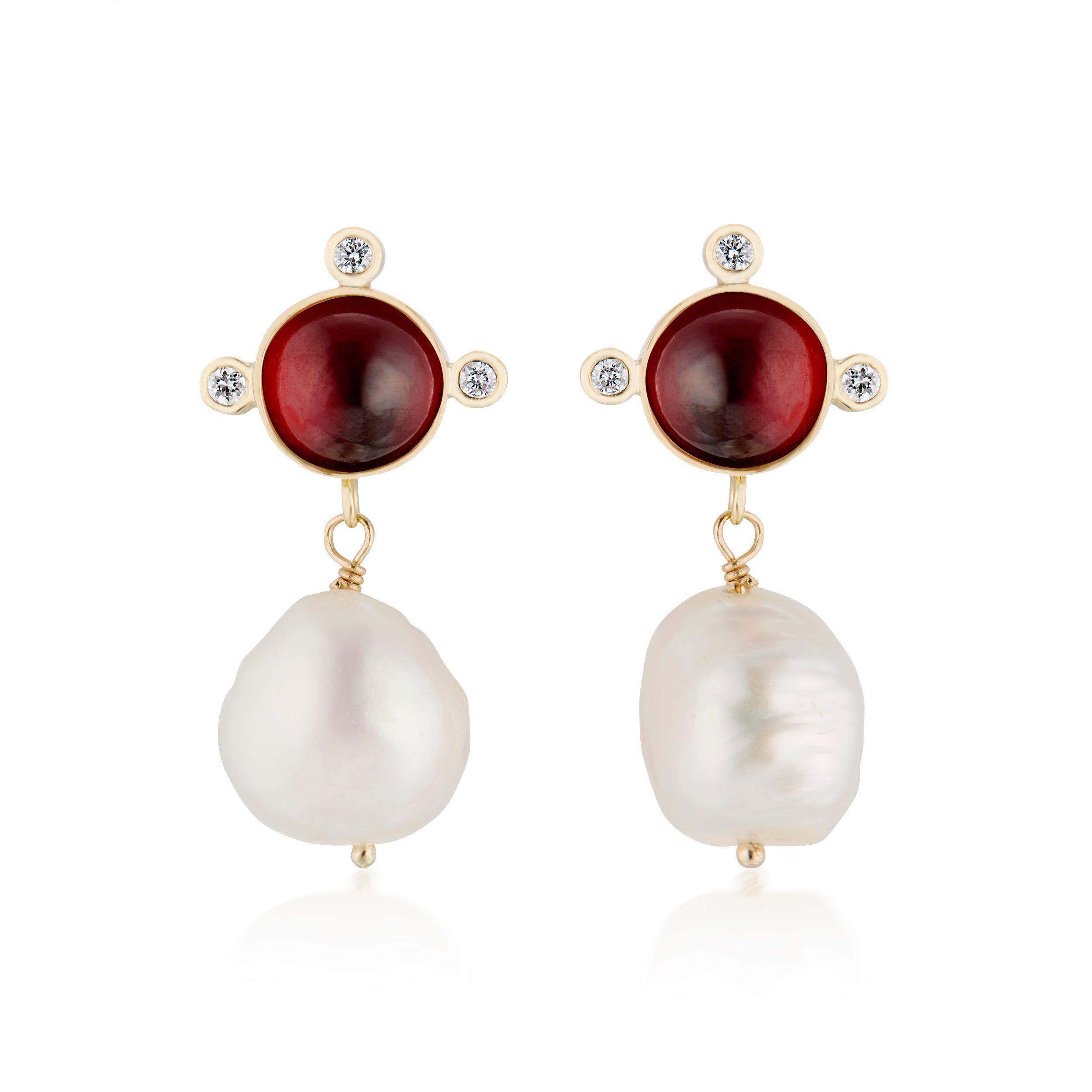 Garnet Cabochon Diamond Compass And Baroque Pearl Drop Earrings Yellow Front View
