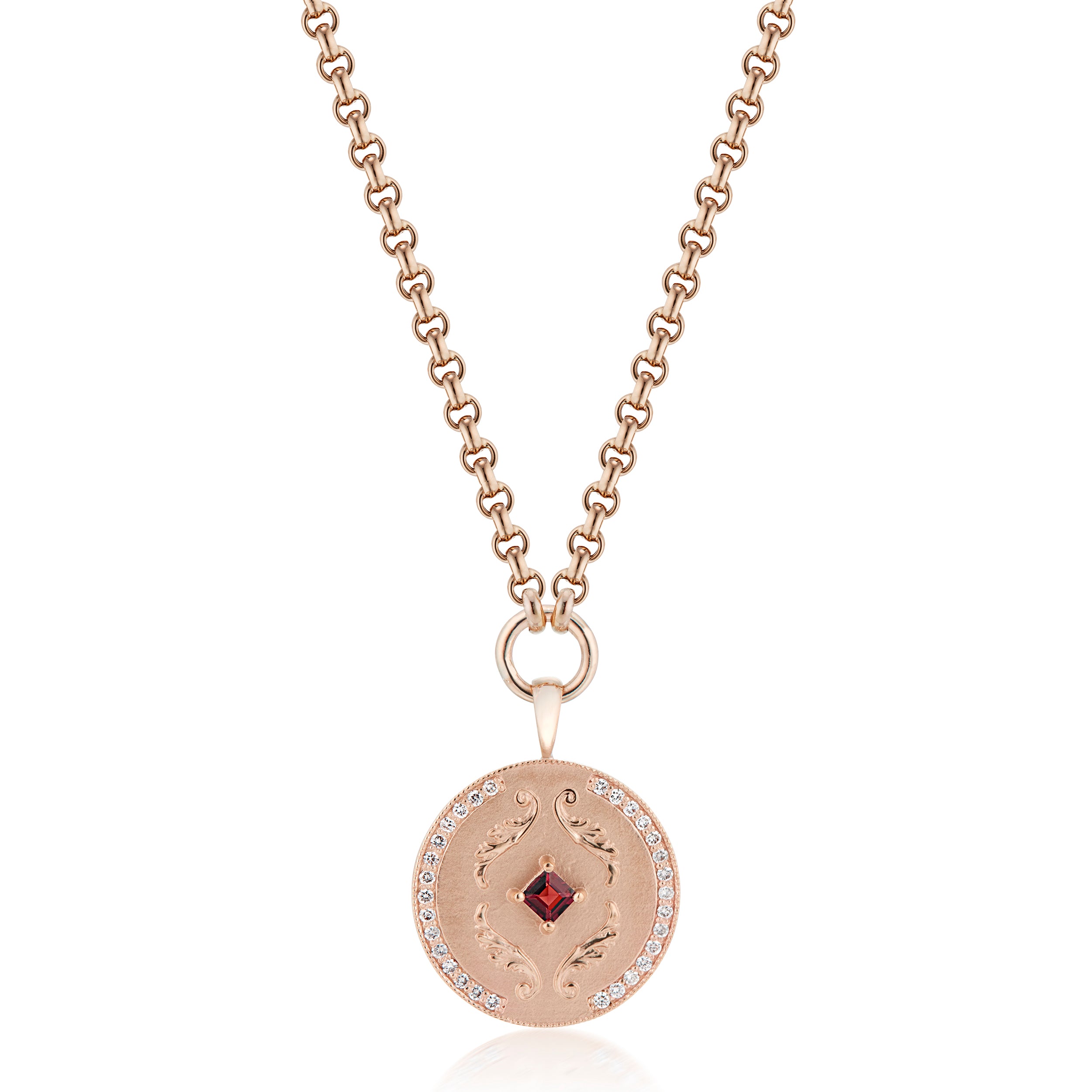 Vale Jewelry Callie Necklace with Garnet and White Diamonds in Rose Gold Closeup