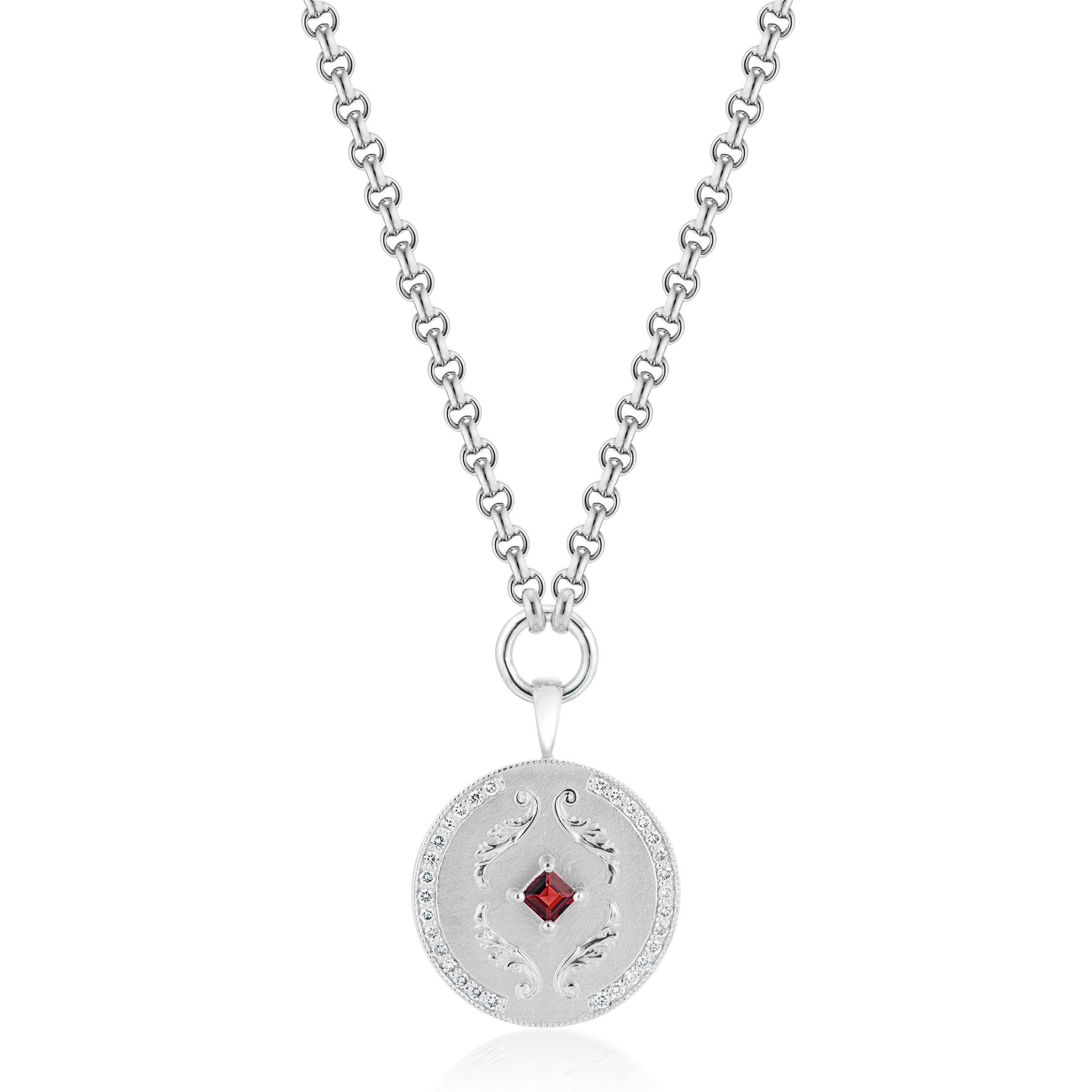 Vale Jewelry Callie Necklace with Garnet and White Diamonds in White Gold Closeup