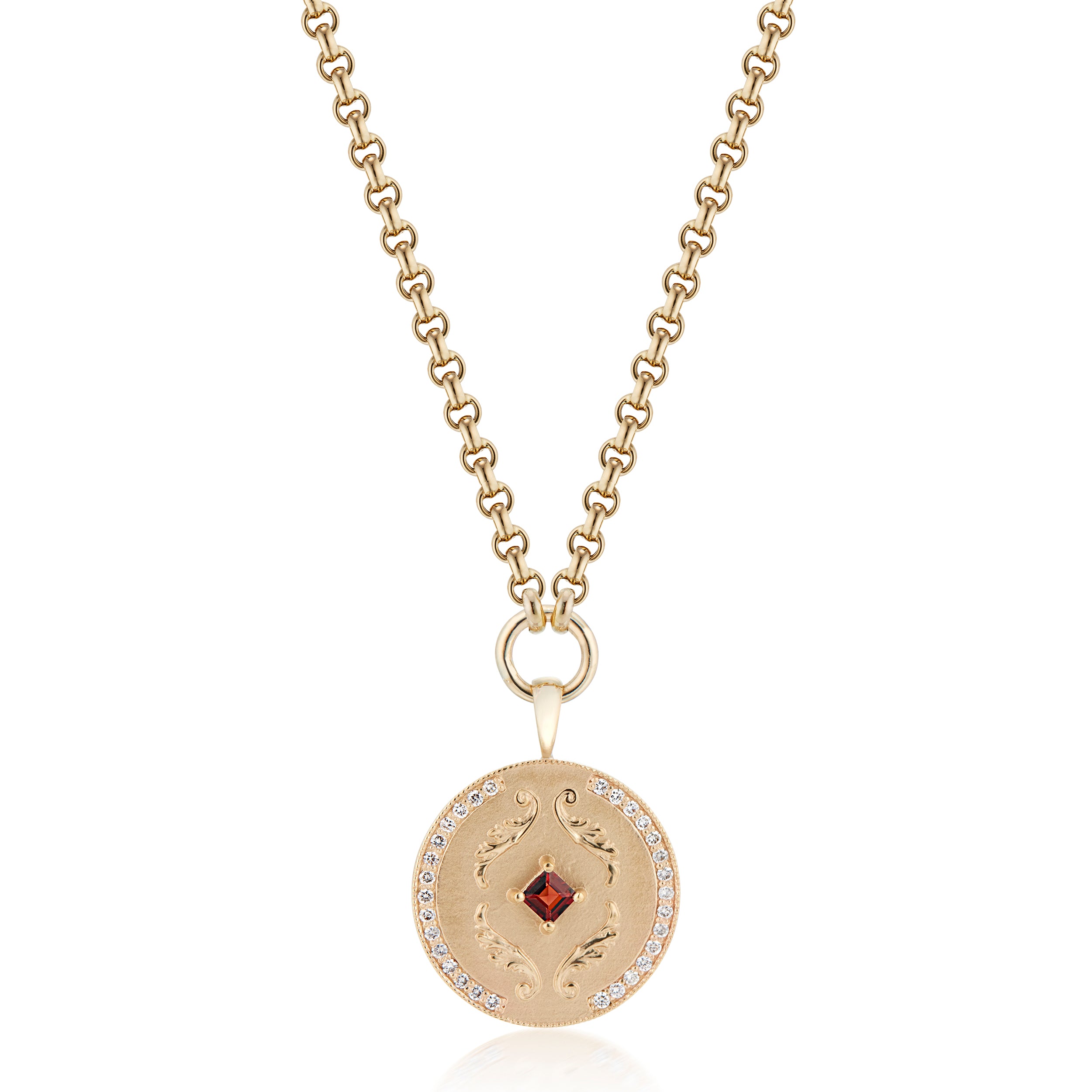Vale Jewelry Callie Necklace with Garnet and White Diamonds in Yellow Gold Closeup