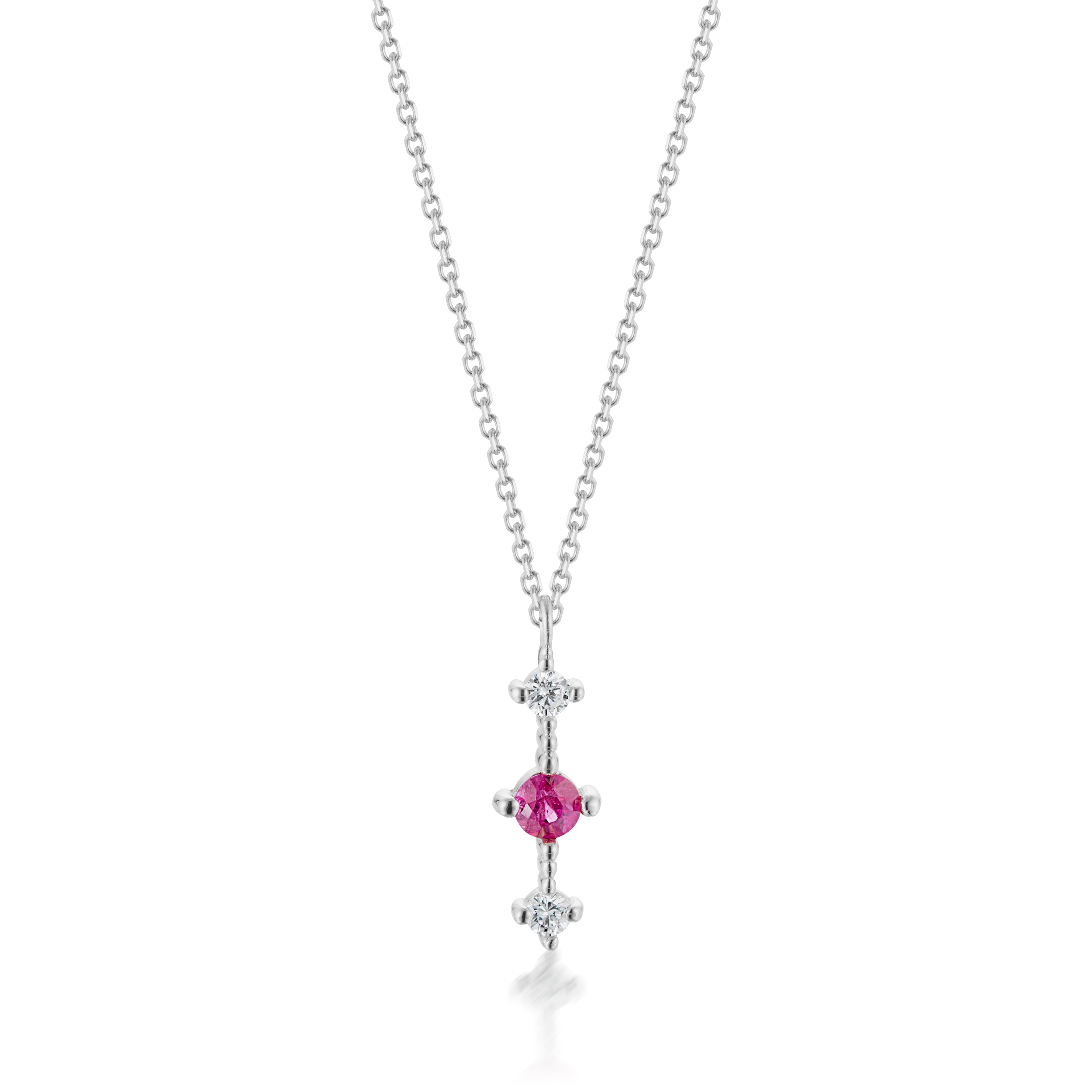 Vale Jewelry Celeste Bar Necklace with Ruby and Diamonds in White Gold Closeup