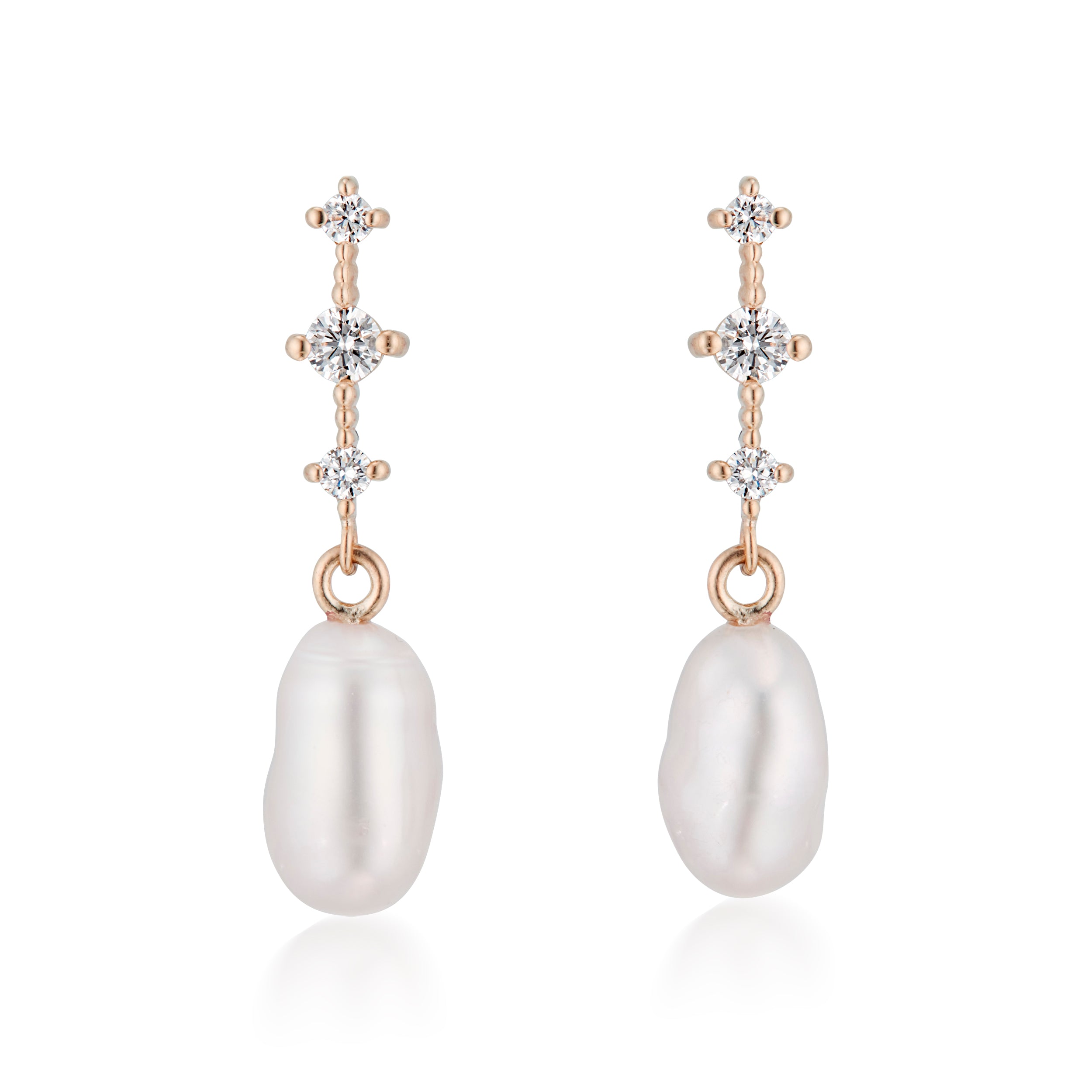 Vale Jewelry Celeste Earrings with White Diamonds and Baroque Peals in Rose Gold Closeup