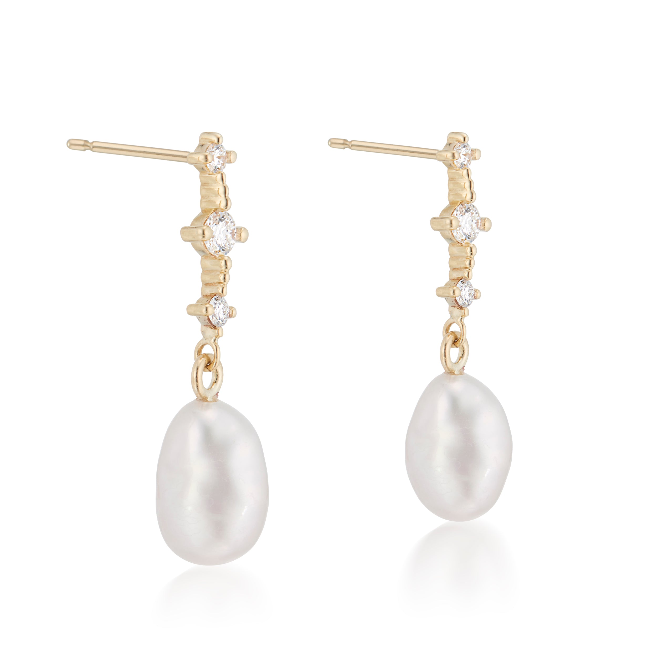 Vale Jewelry Celeste Earrings with White Diamonds and Baroque Peals in Yellow Gold Side View