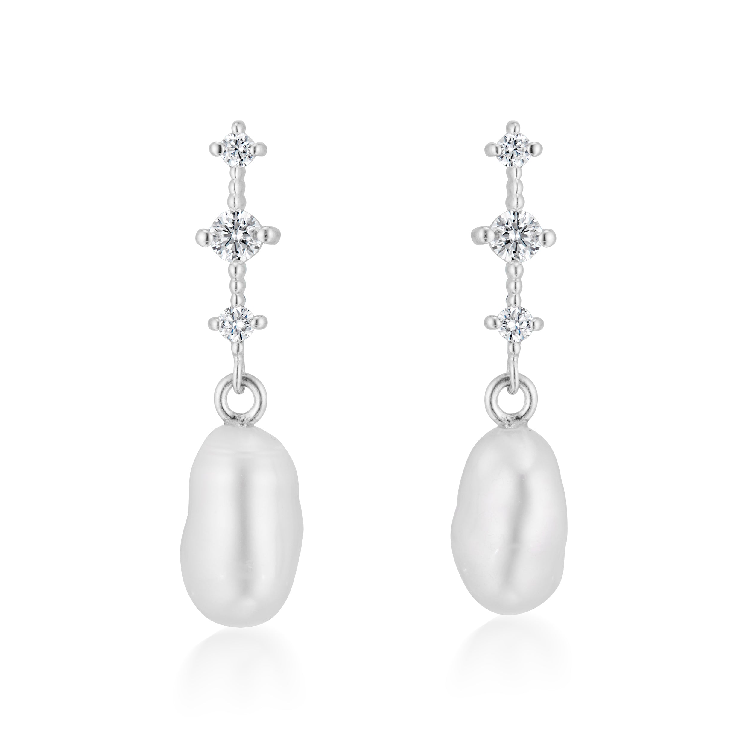 Vale Jewelry Celeste Earrings with White Diamonds and Baroque Peals in White Gold Closeup