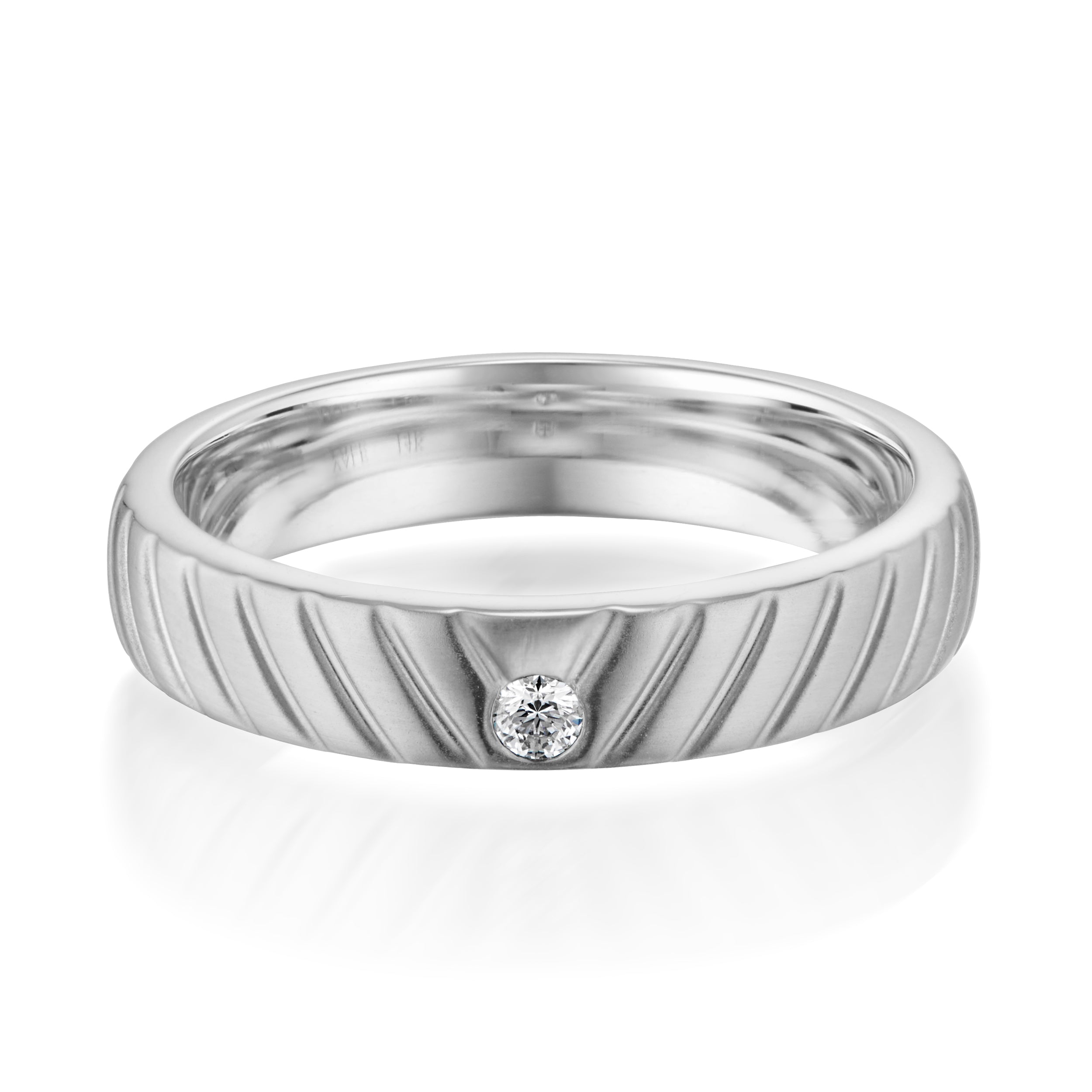 Vale Jewelry Chevron Low Dome Ring with Round Brilliant Cut Diamond in White Gold Front View