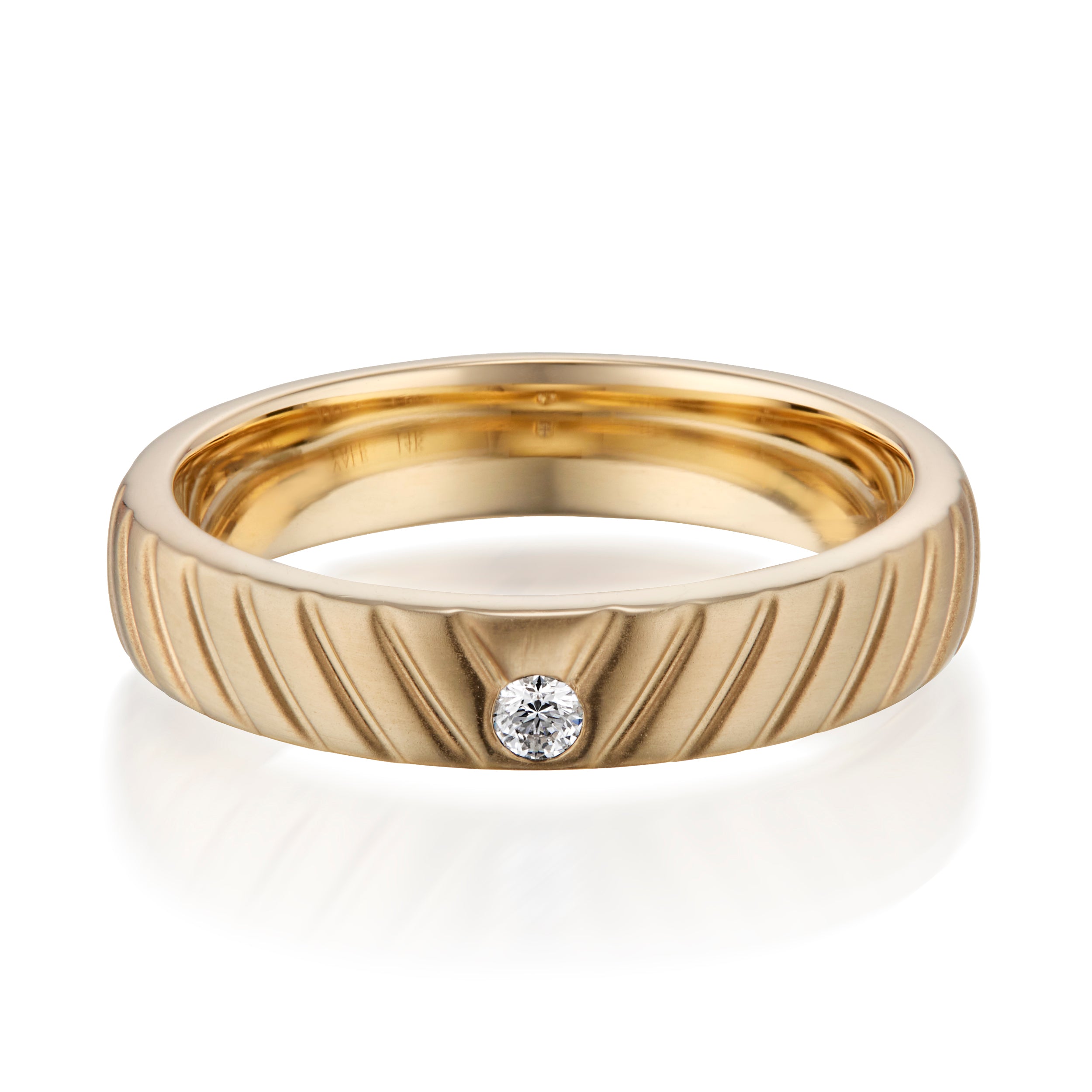 Vale Jewelry Chevron Low Dome Ring with Round Brilliant Cut Diamond in Yellow Gold Front View