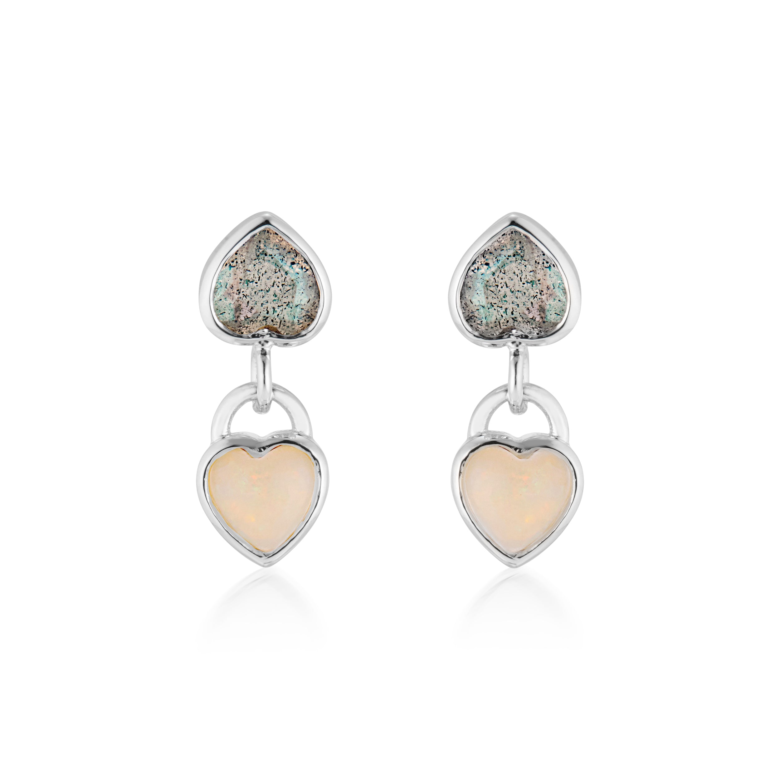 Double Heart Labradorite And Opal Heart Drop Bezel Set Earrings White Front View