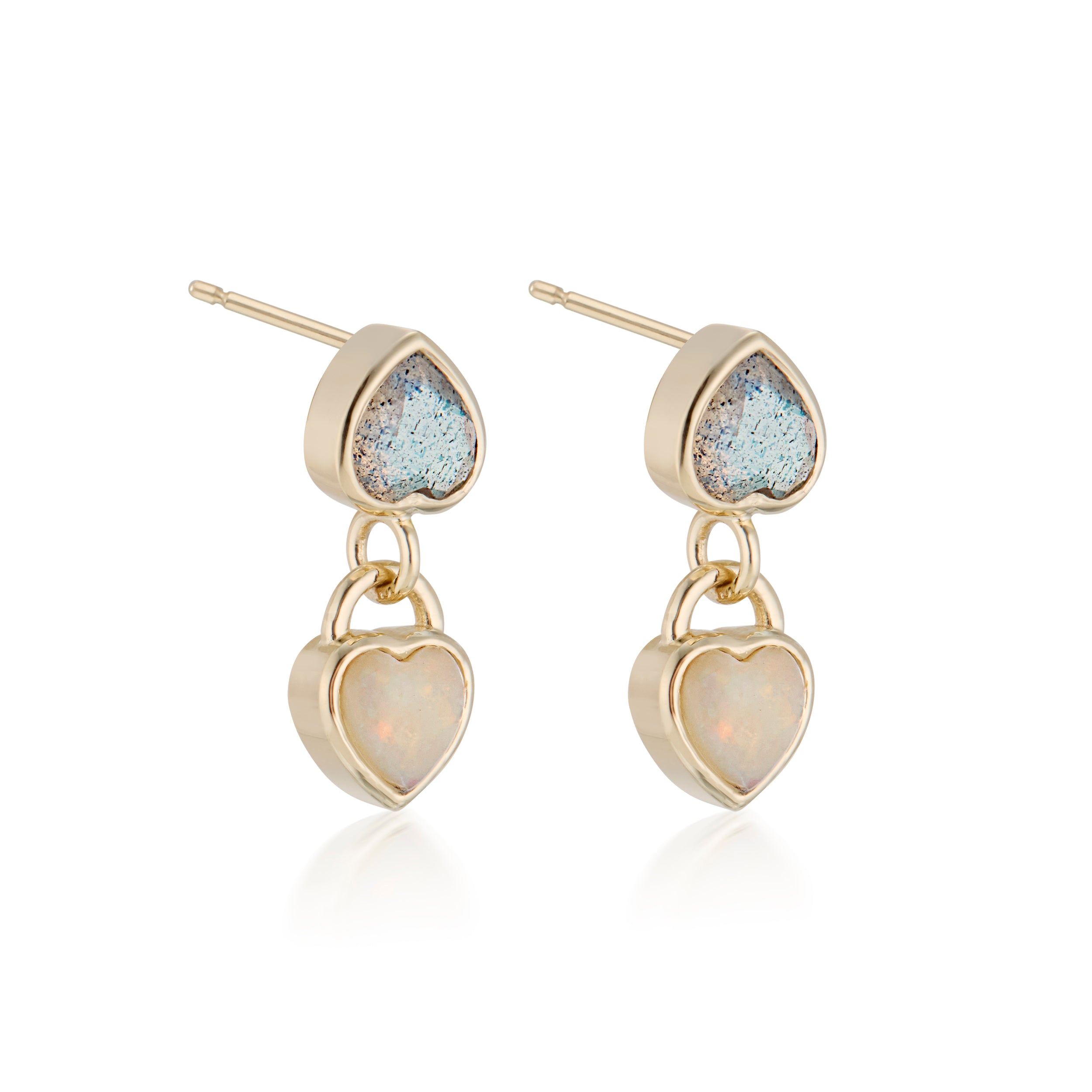 Double Heart Labradorite And Opal Heart Drop Bezel Set Earrings Yellow Side View