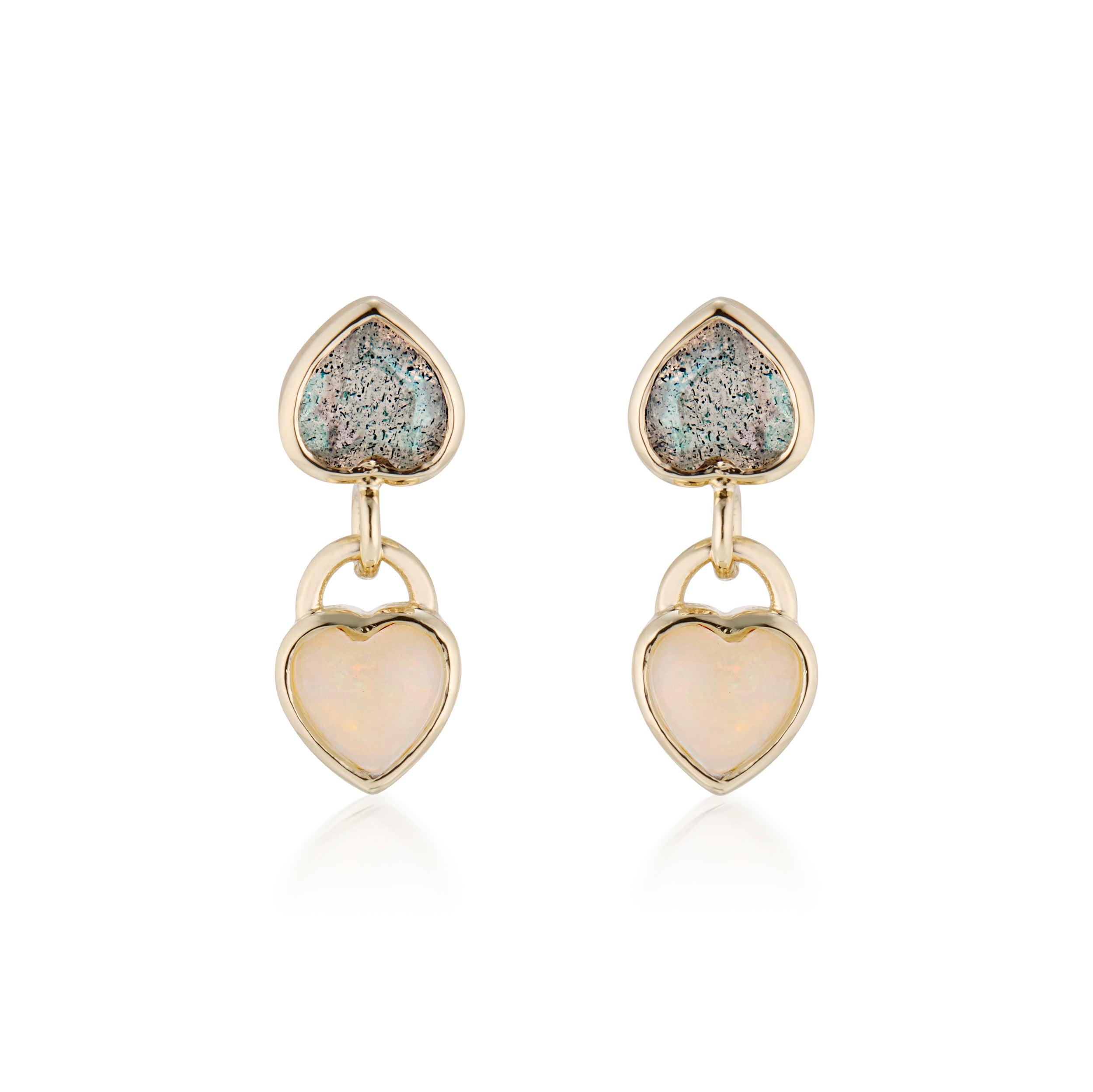 Double Heart Labradorite And Opal Heart Drop Bezel Set Earrings Yellow Front View