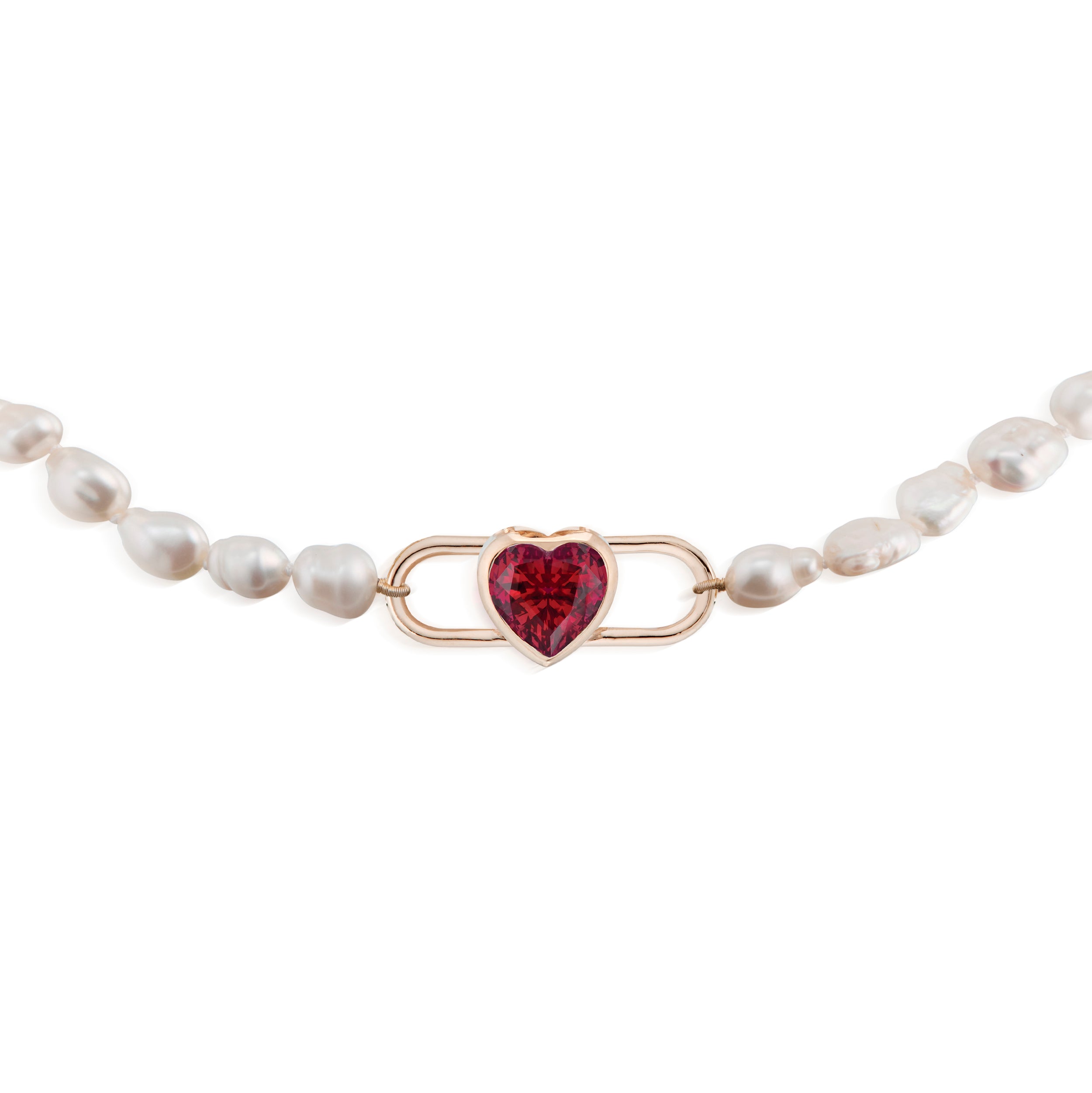 Double Loop Heart Garnet Lock And Baroque Pearl Choker Necklace Rose Close Up View