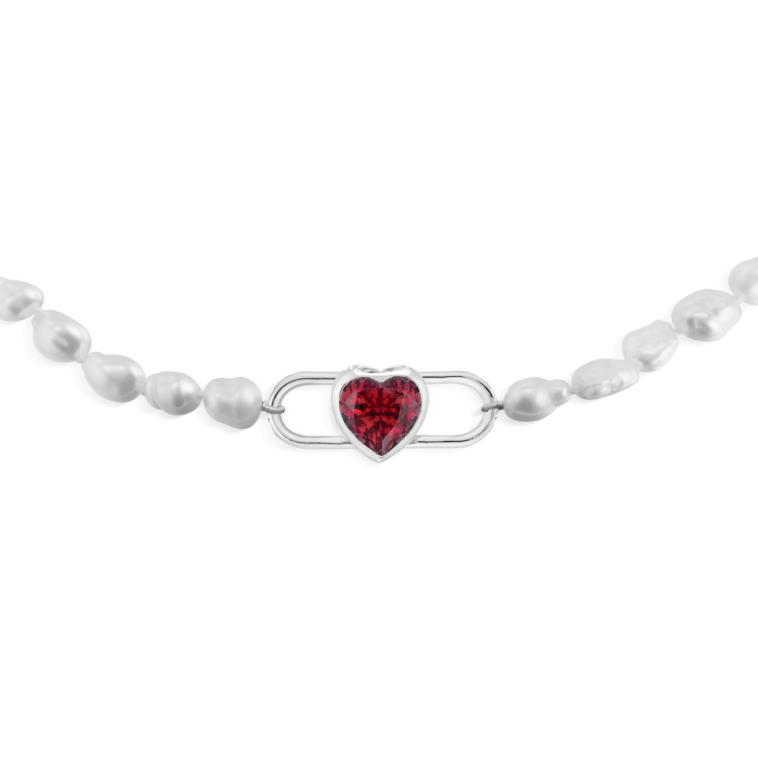 Double Loop Heart Garnet Lock And Baroque Pearl Choker Necklace White Close Up View