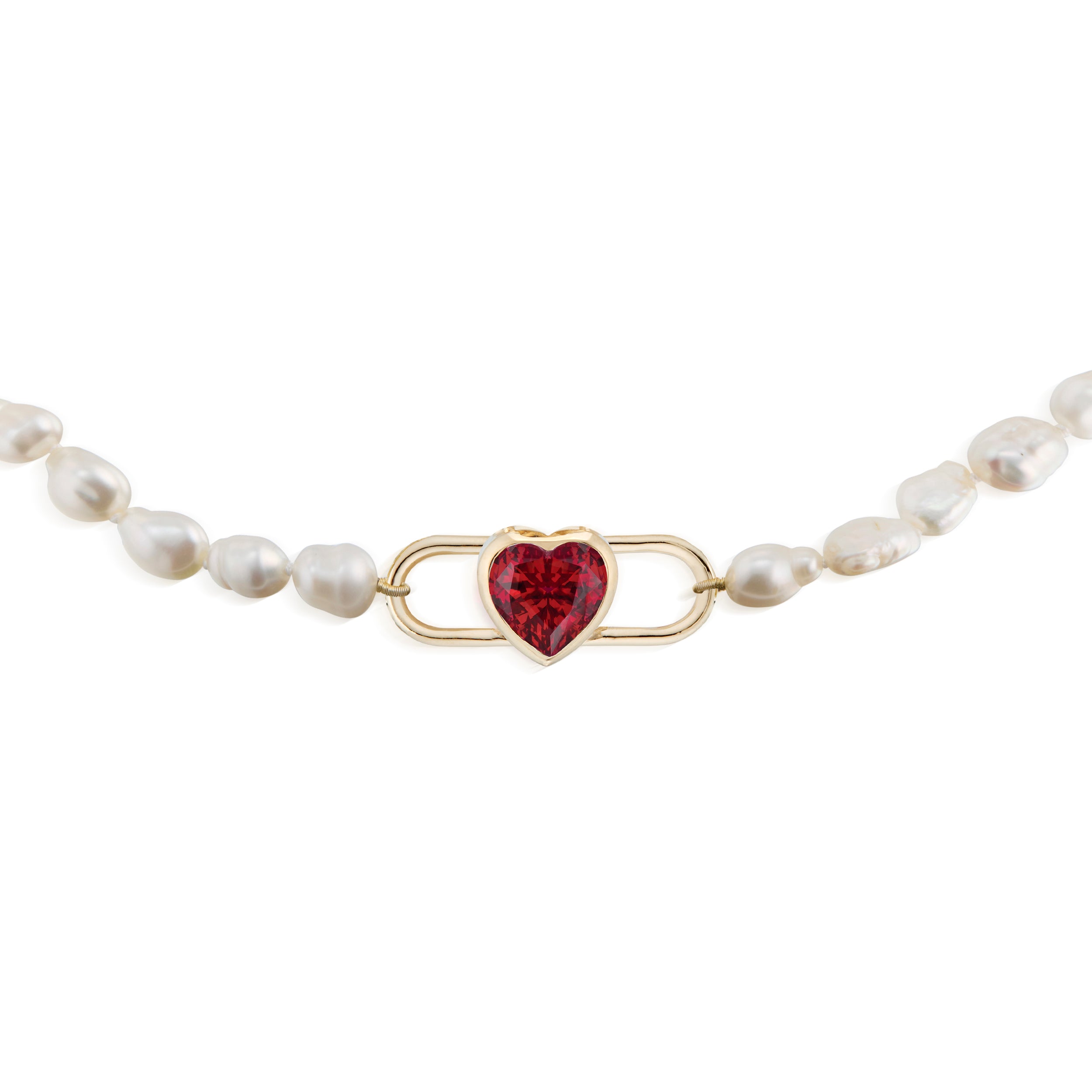 Double Loop Heart Garnet Lock And Baroque Pearl Choker Necklace Yellow Close Up View