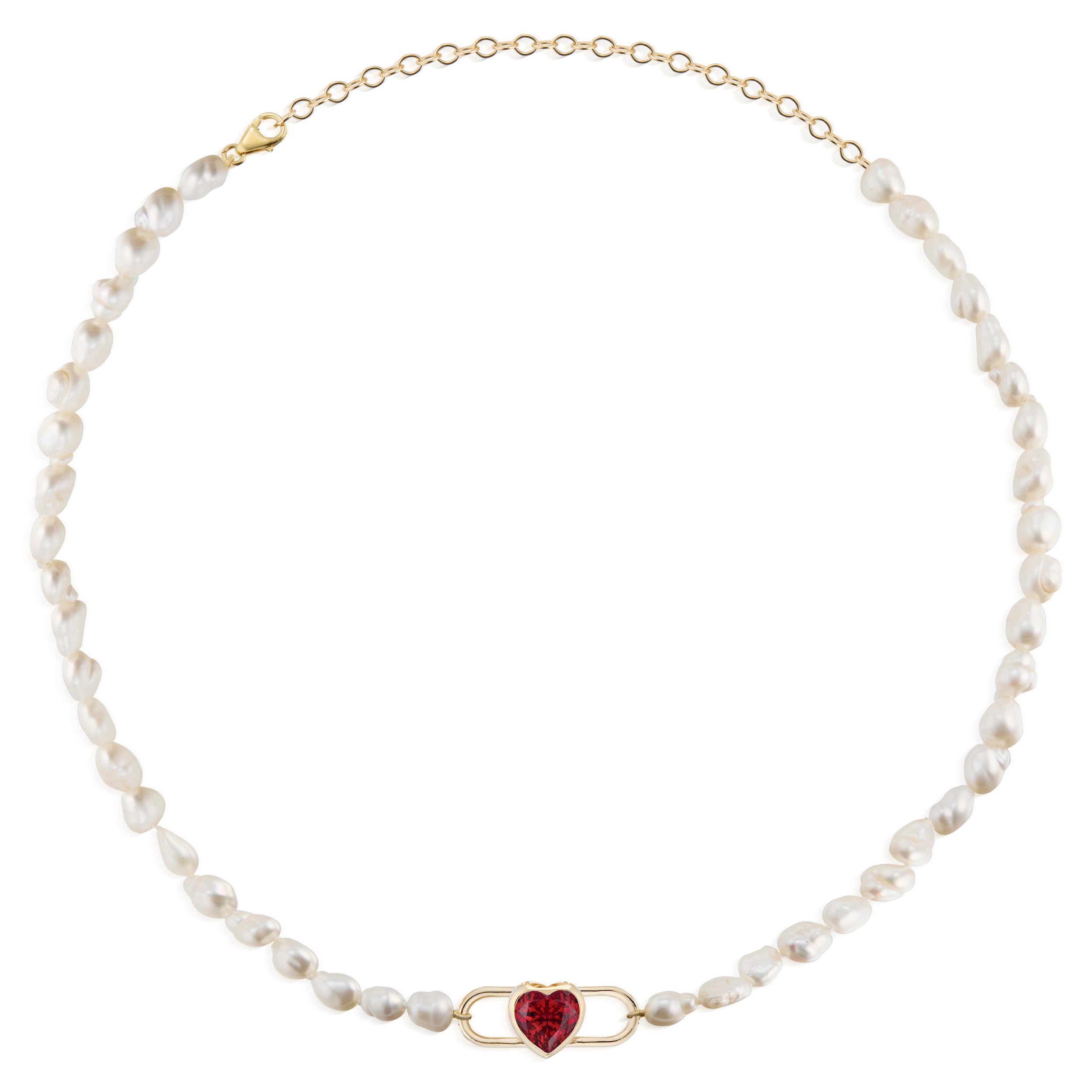 Double Loop Heart Garnet Lock And Baroque Pearl Choker Necklace Yellow Full Round View