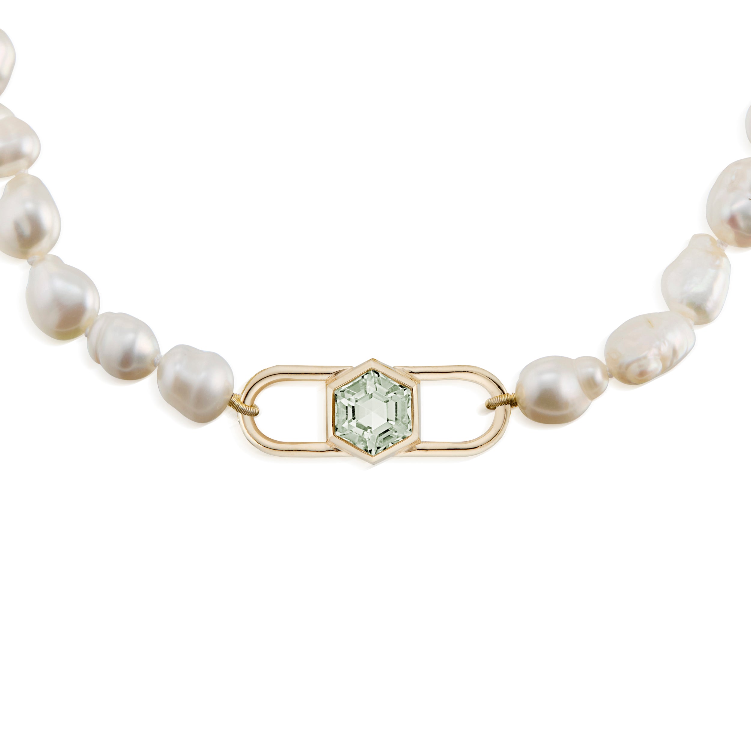 Double Lock Hexagon Prasiolite And Baroque Pearl Choker Necklace Yellow Close Up View