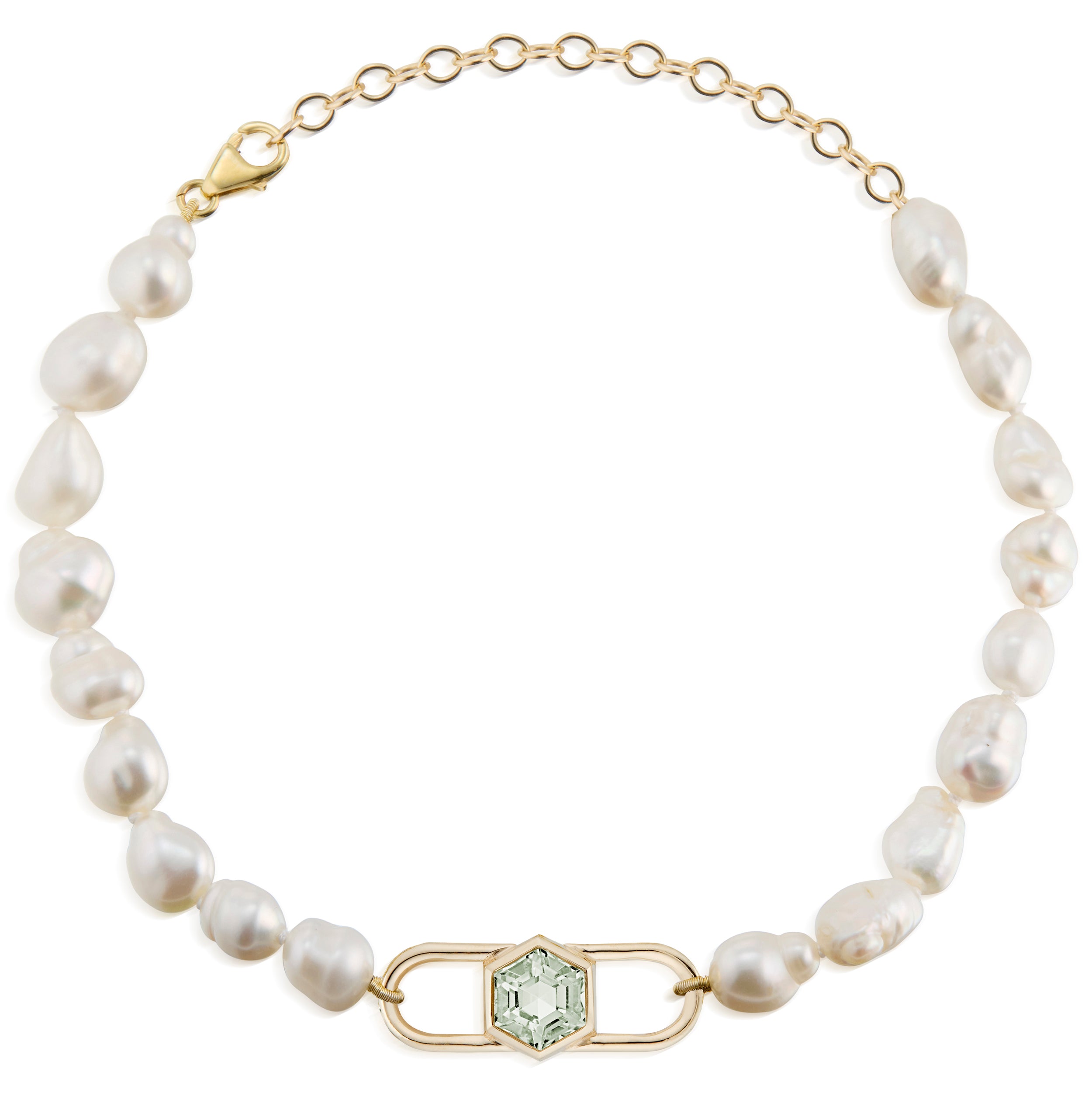 Double Lock Hexagon Prasiolite And Baroque Pearl Choker Necklace Yellow Full Round View