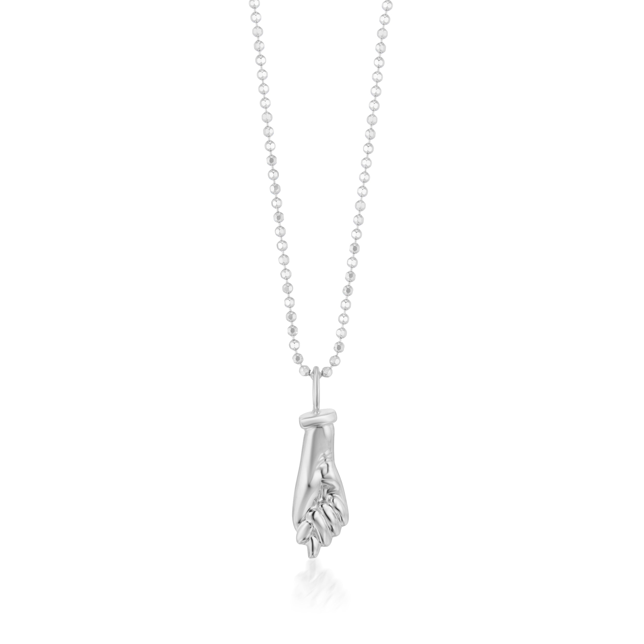 Vale Jewelry Figa Hand Charm on Faceted Bead Chain Necklace in 14 Karat White Gold Close Up