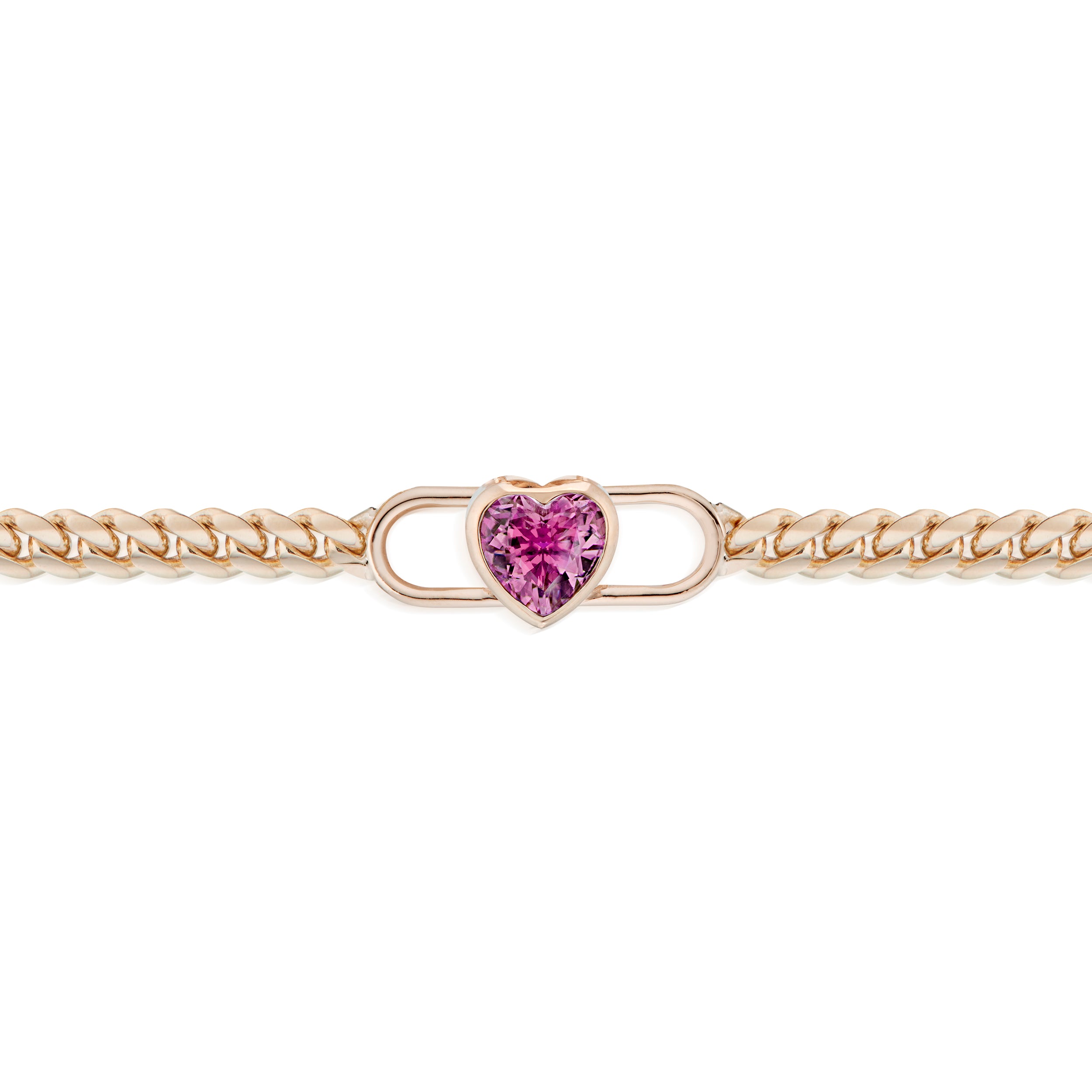 Vale Jewelry Rhodolite Heart Double Lock Curb Chain Bracelet in Rose Gold Closeup