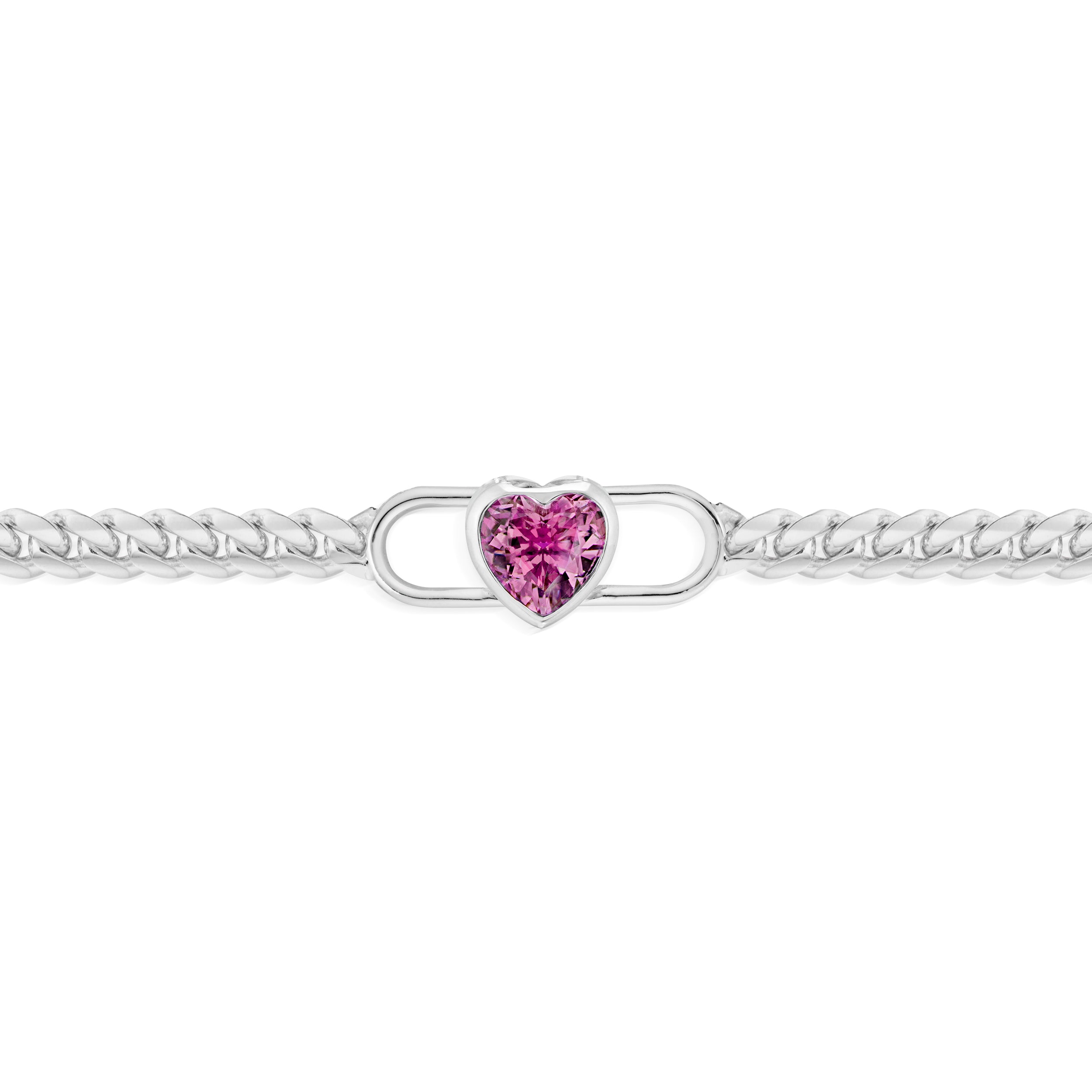 Vale Jewelry Rhodolite Heart Double Lock Curb Chain Bracelet in White Gold Closeup