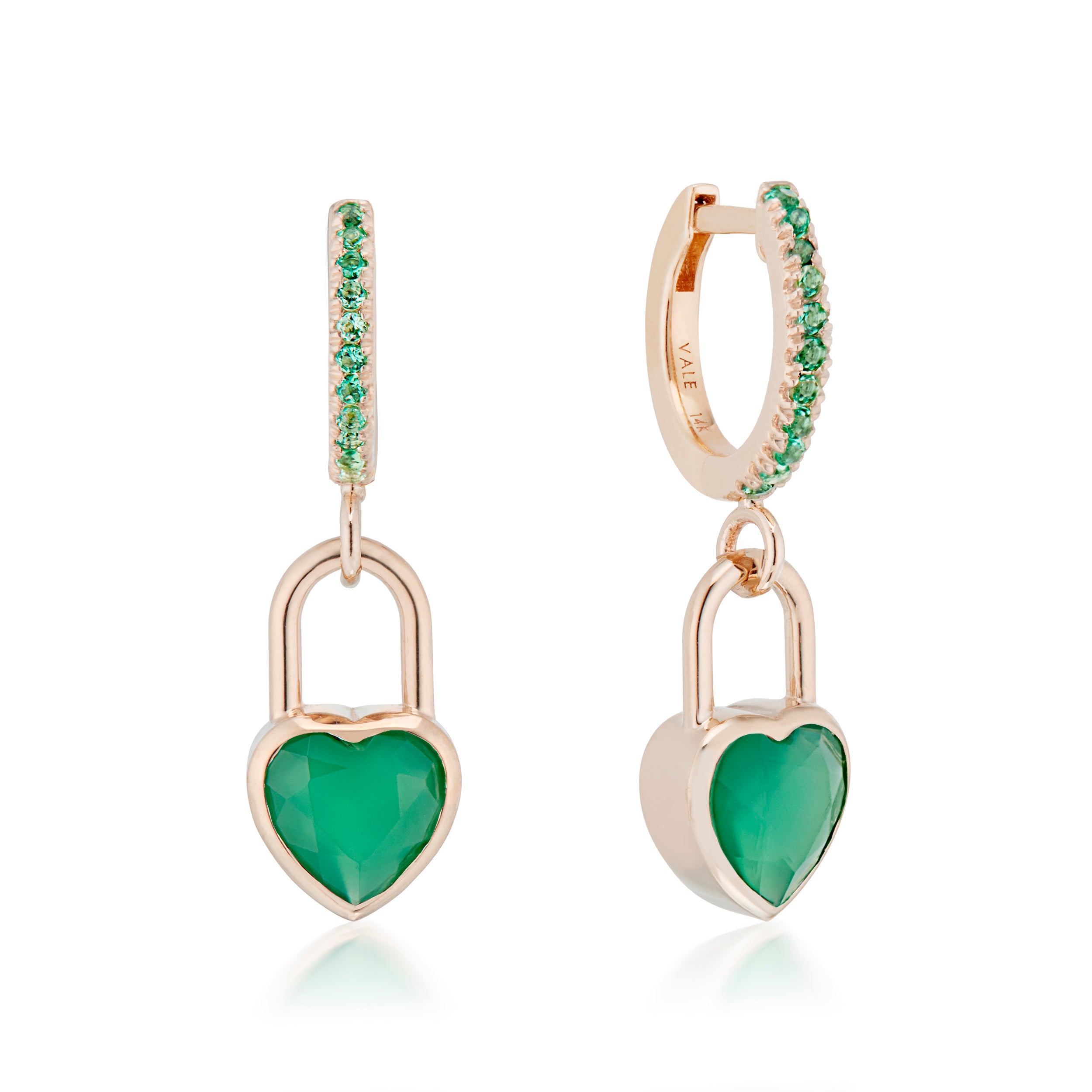 Vale Jewelry Heart Lock Green Onyx and Emerald Huggie Earrings in Rose Gold