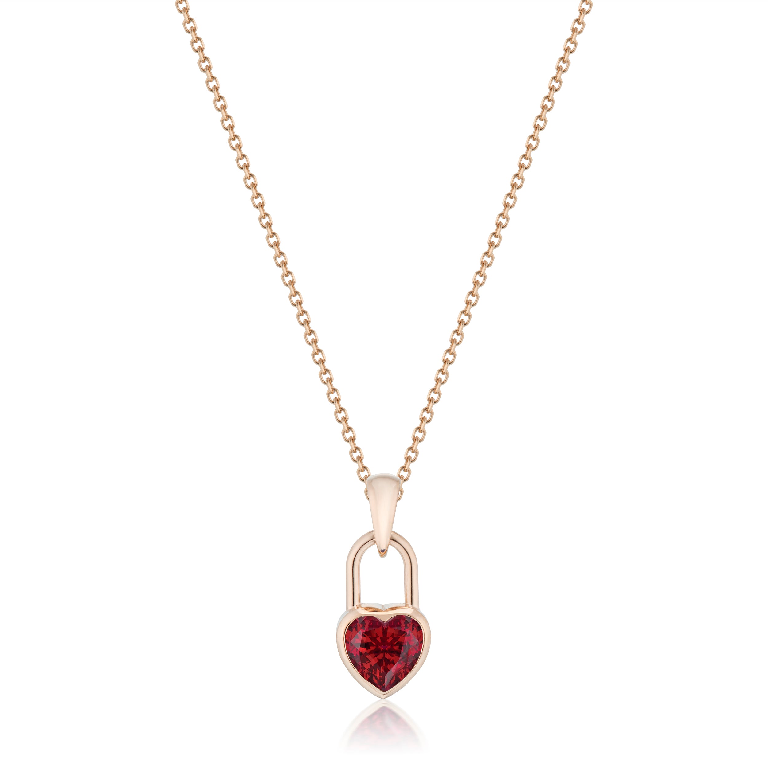 Vale Jewelry Heart Lock Garnet Necklace in Rose Gold Closeup
