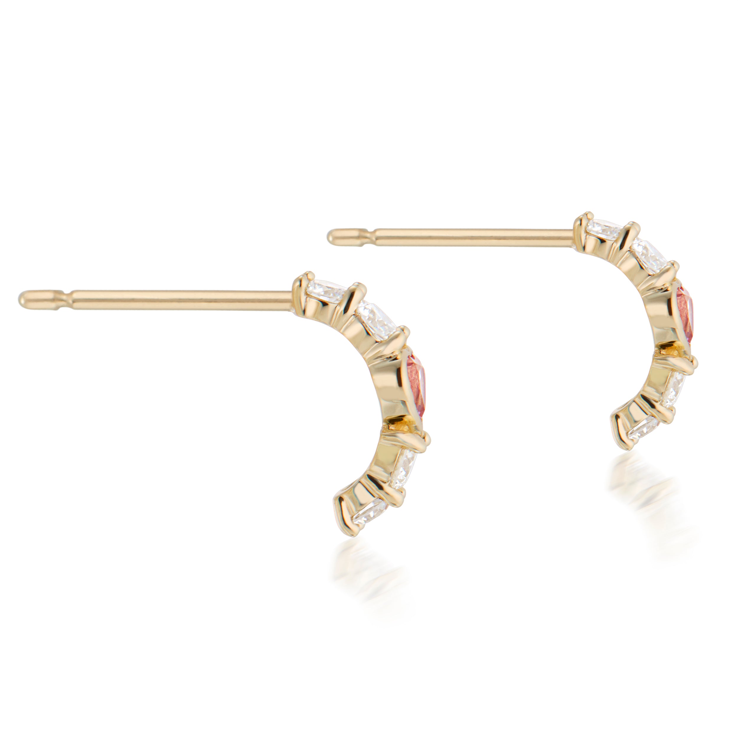 Pink Tourmaline Heart And Diamond Half Hoop Earrings Yellow Side View