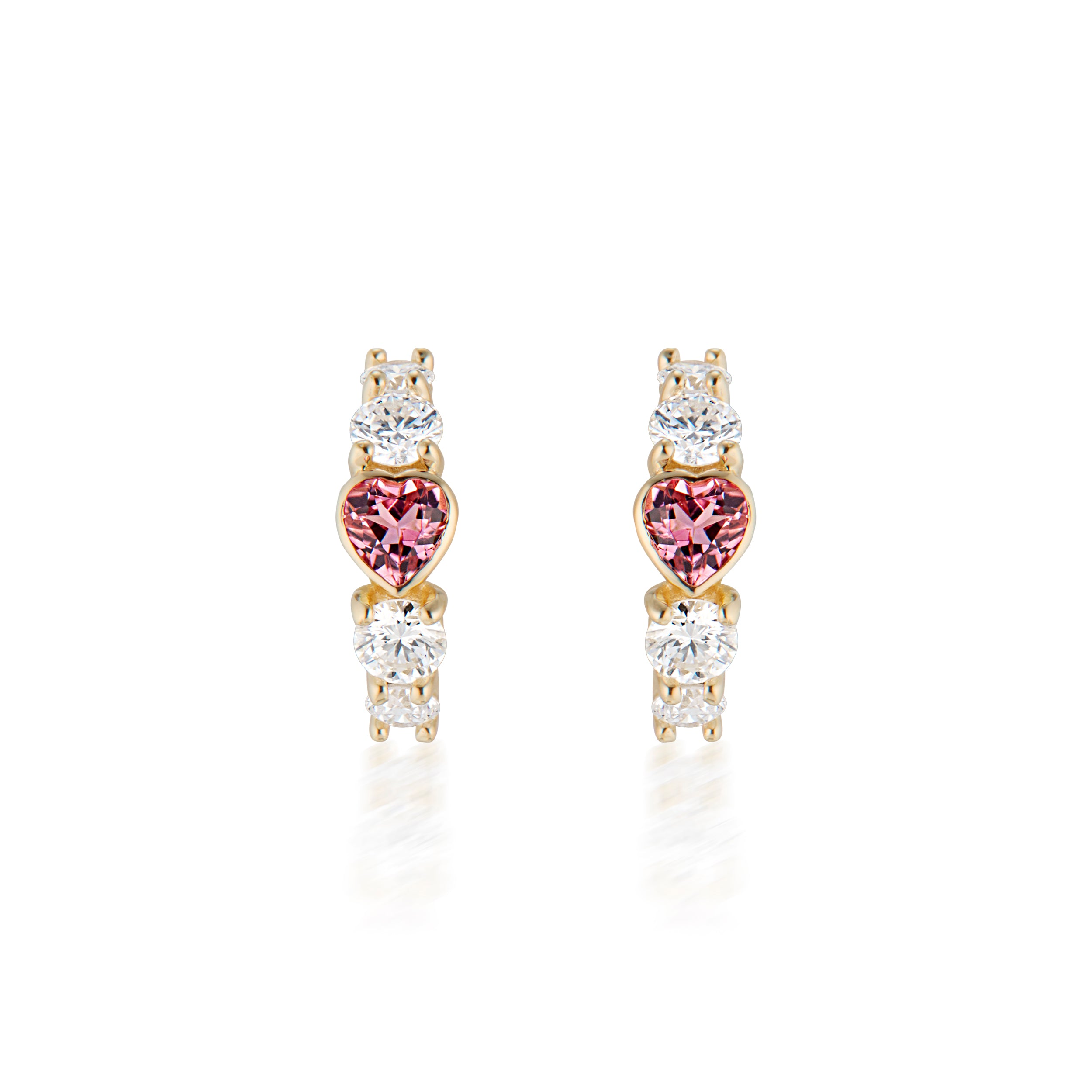 Pink Tourmaline Heart And Diamond Half Hoop Earrings Yellow Front View