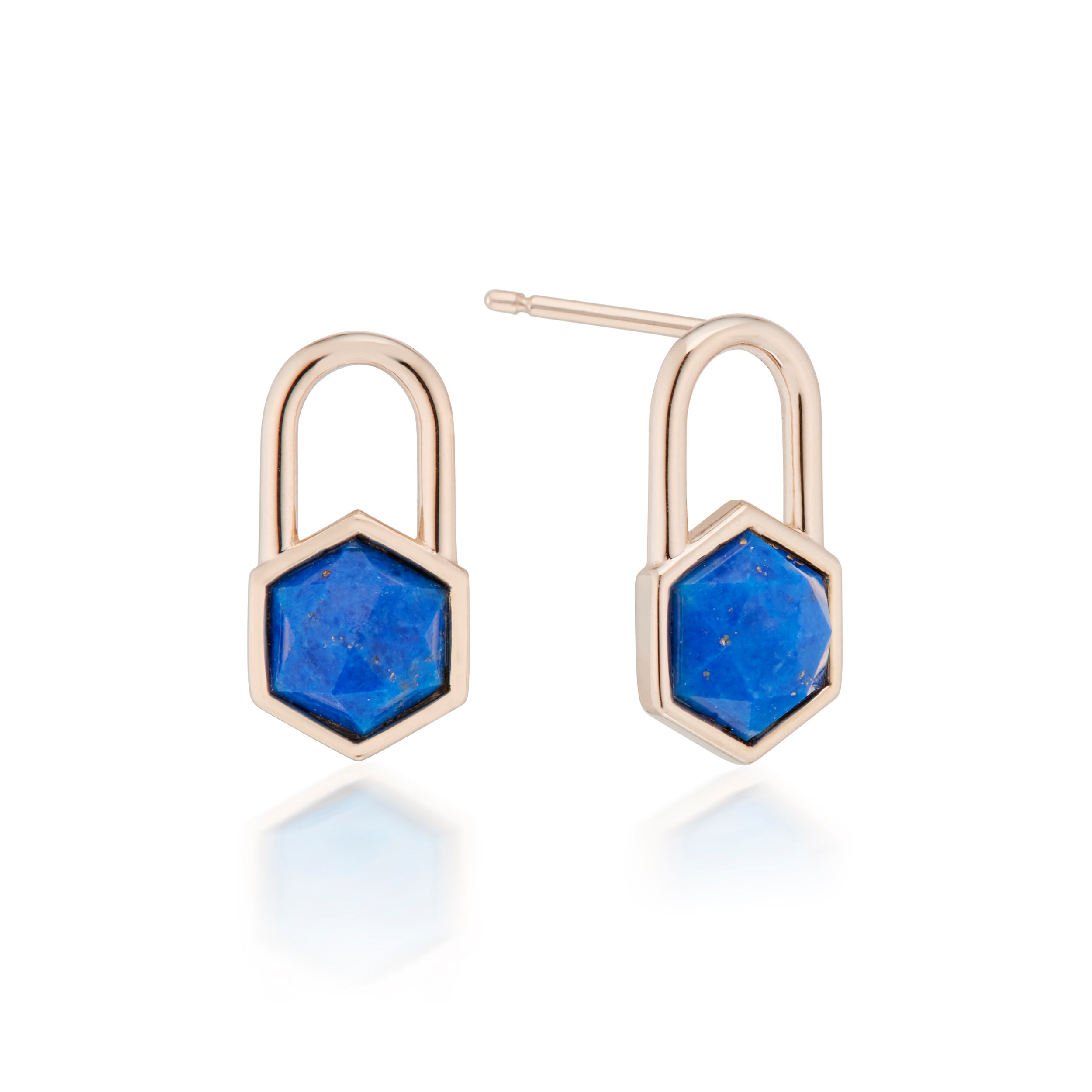Vale Jewelry Hexagon Lapis Lazuli Lock Earrings in Rose Gold