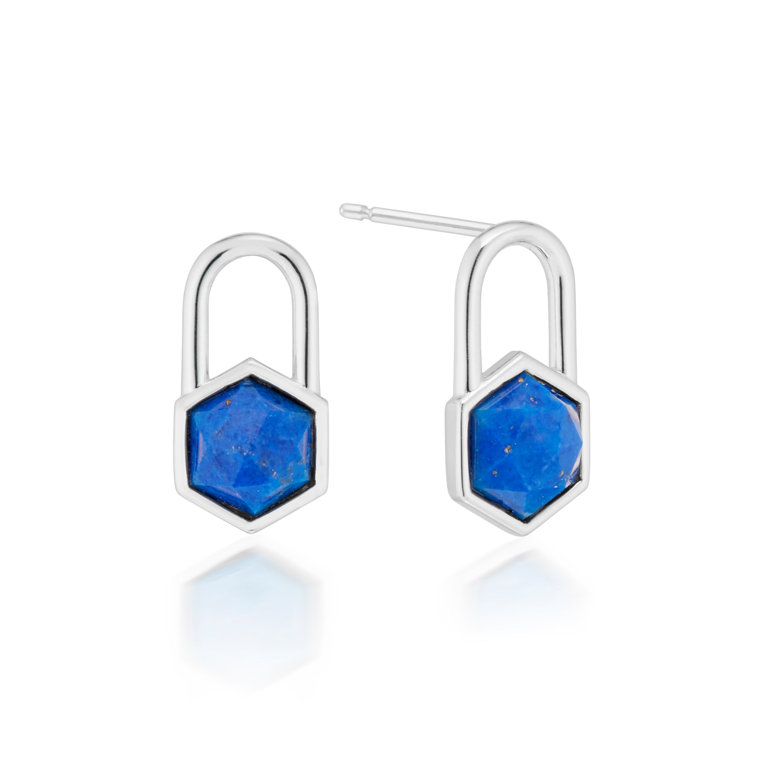 Vale Jewelry Hexagon Lapis Lazuli Lock Earrings in White Gold