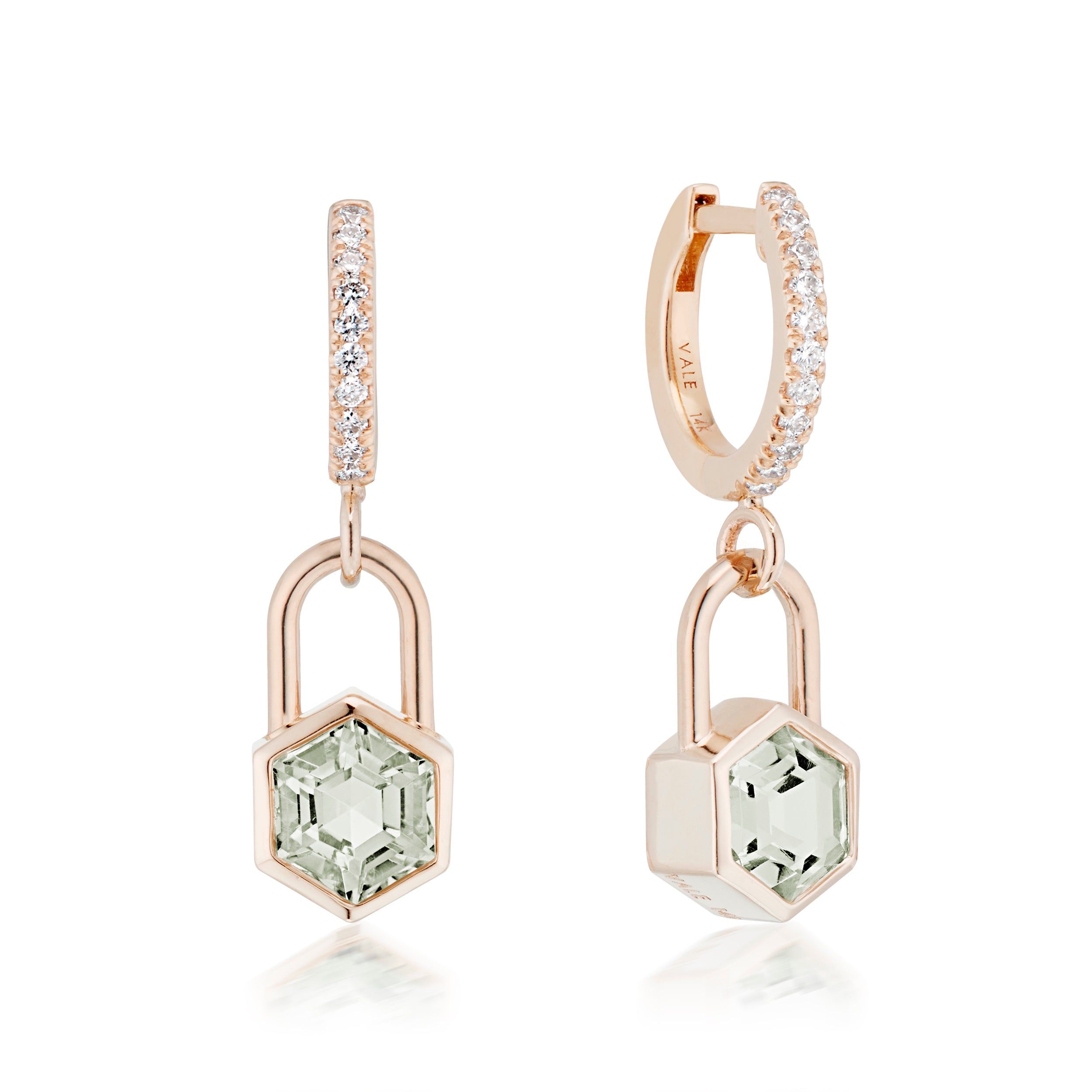 Vale Jewelry Hexagon Lock Prasiolite & White Diamond Huggie Earrings in Rose Gold