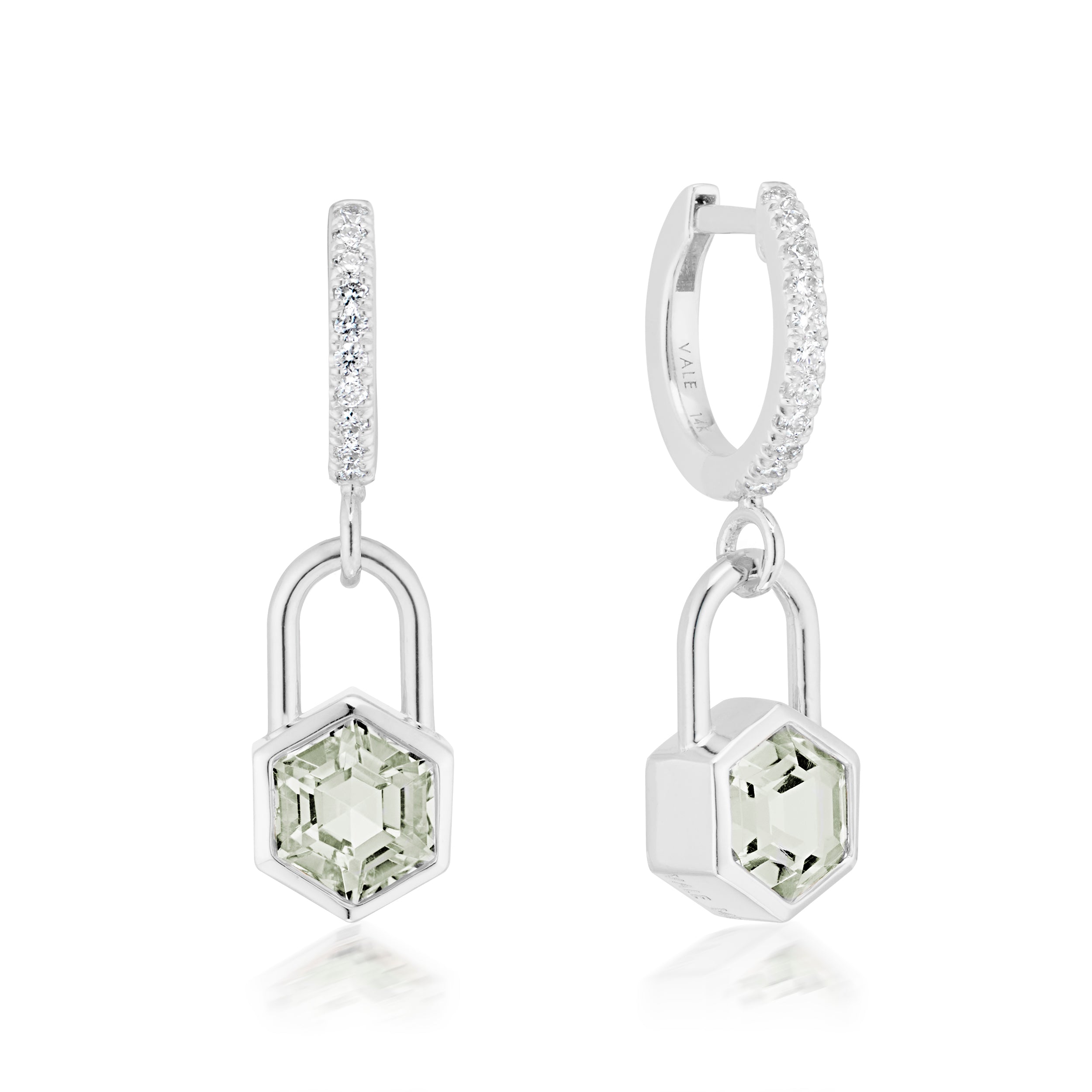 Vale Jewelry Hexagon Lock Prasiolite & White Diamond Huggie Earrings in White Gold