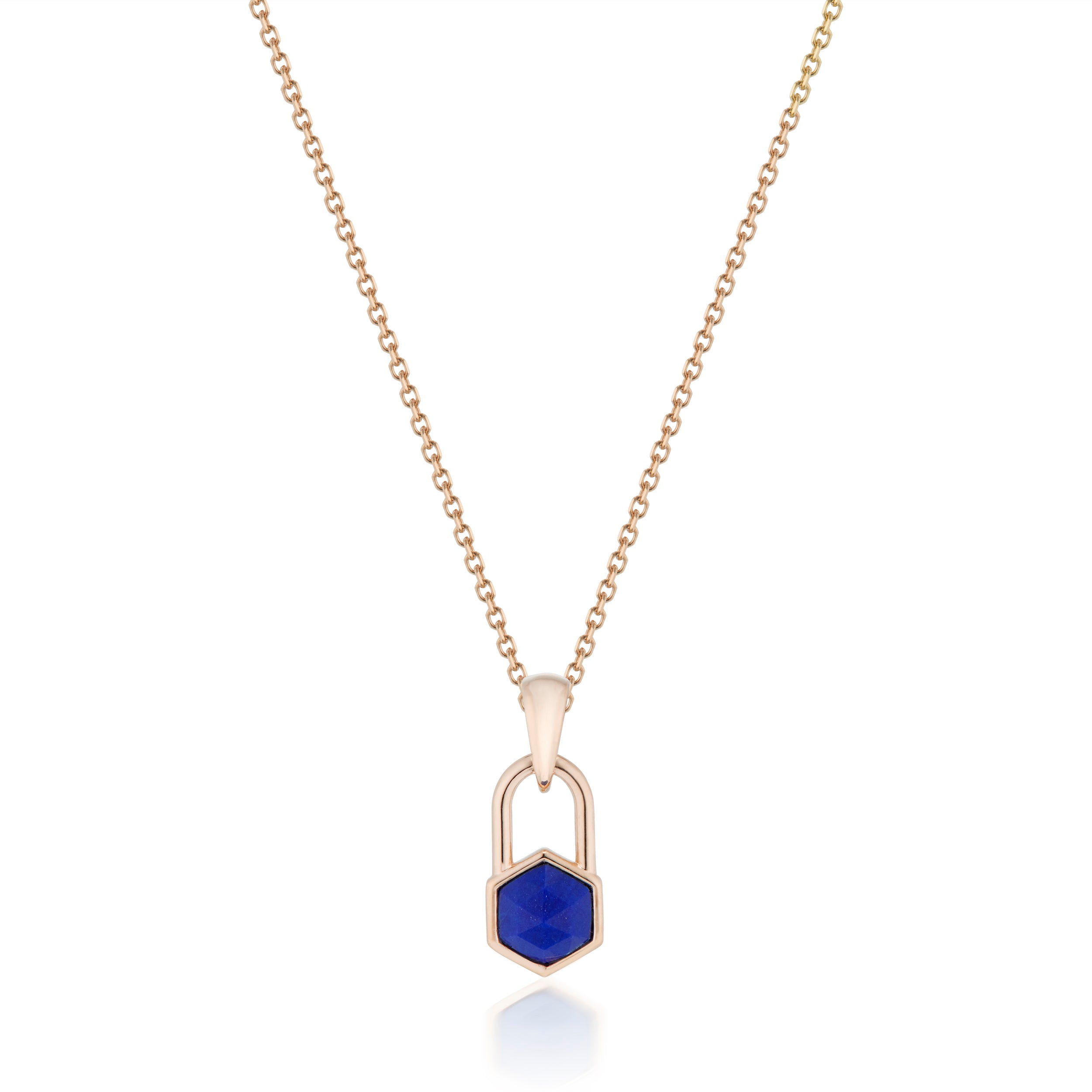 Vale Jewelry Hexagon Lock Lapis Lazuli Necklace in Rose Gold