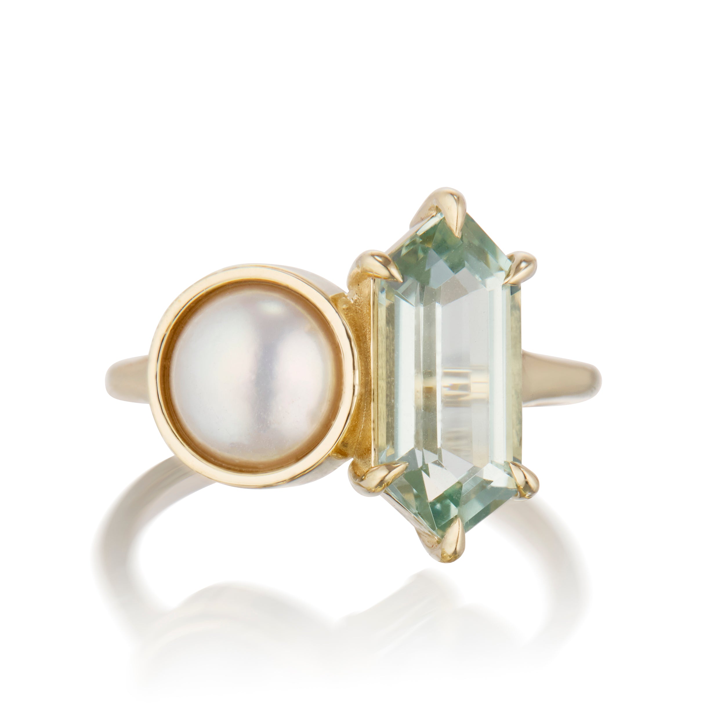 Hexagon Prasiolite and Mabe Pearl Ring Yellow Front View