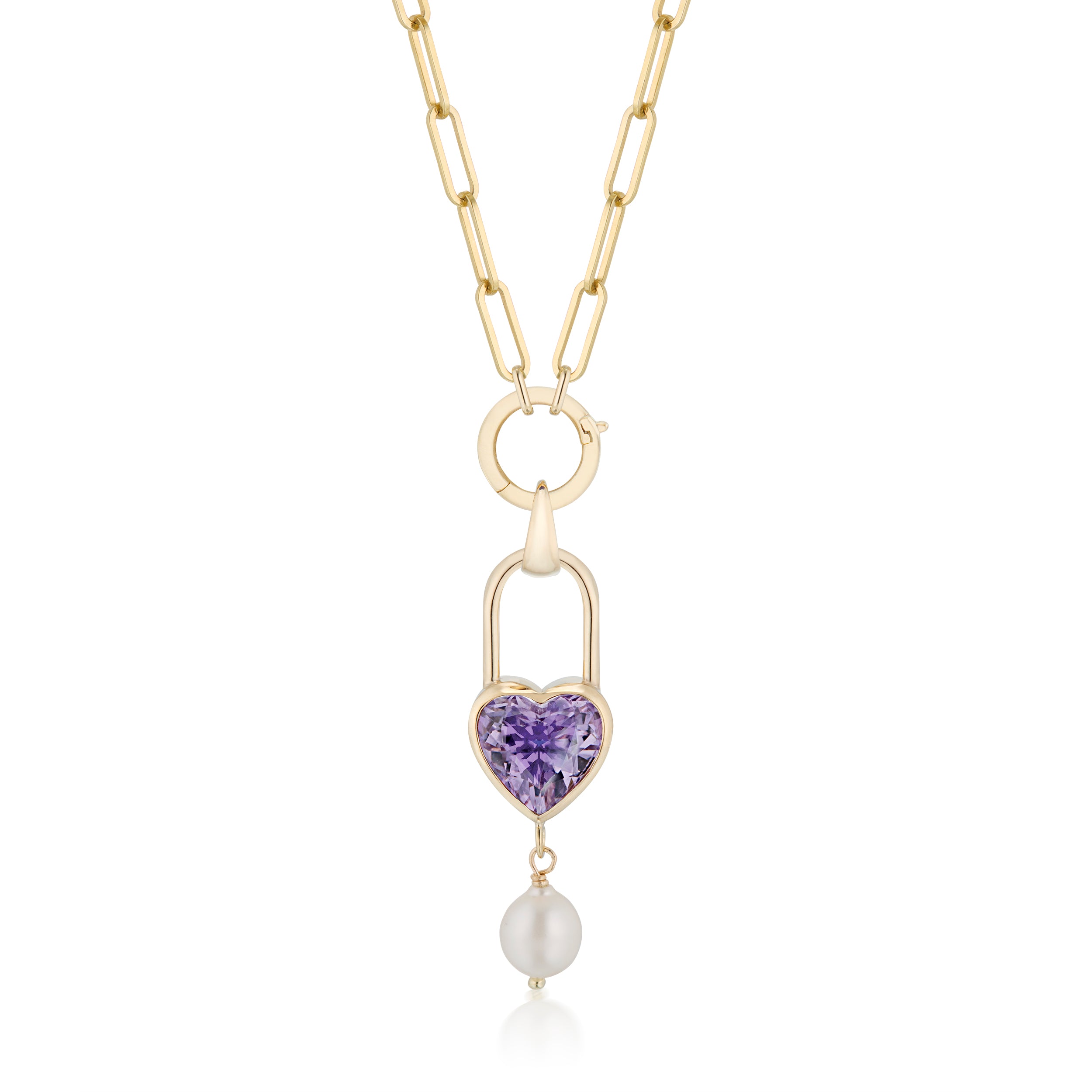 Large Heart Lock Amethyst And Baroque Pearl Drop Charm Ring Paperclip Necklace Yellow Close Up View