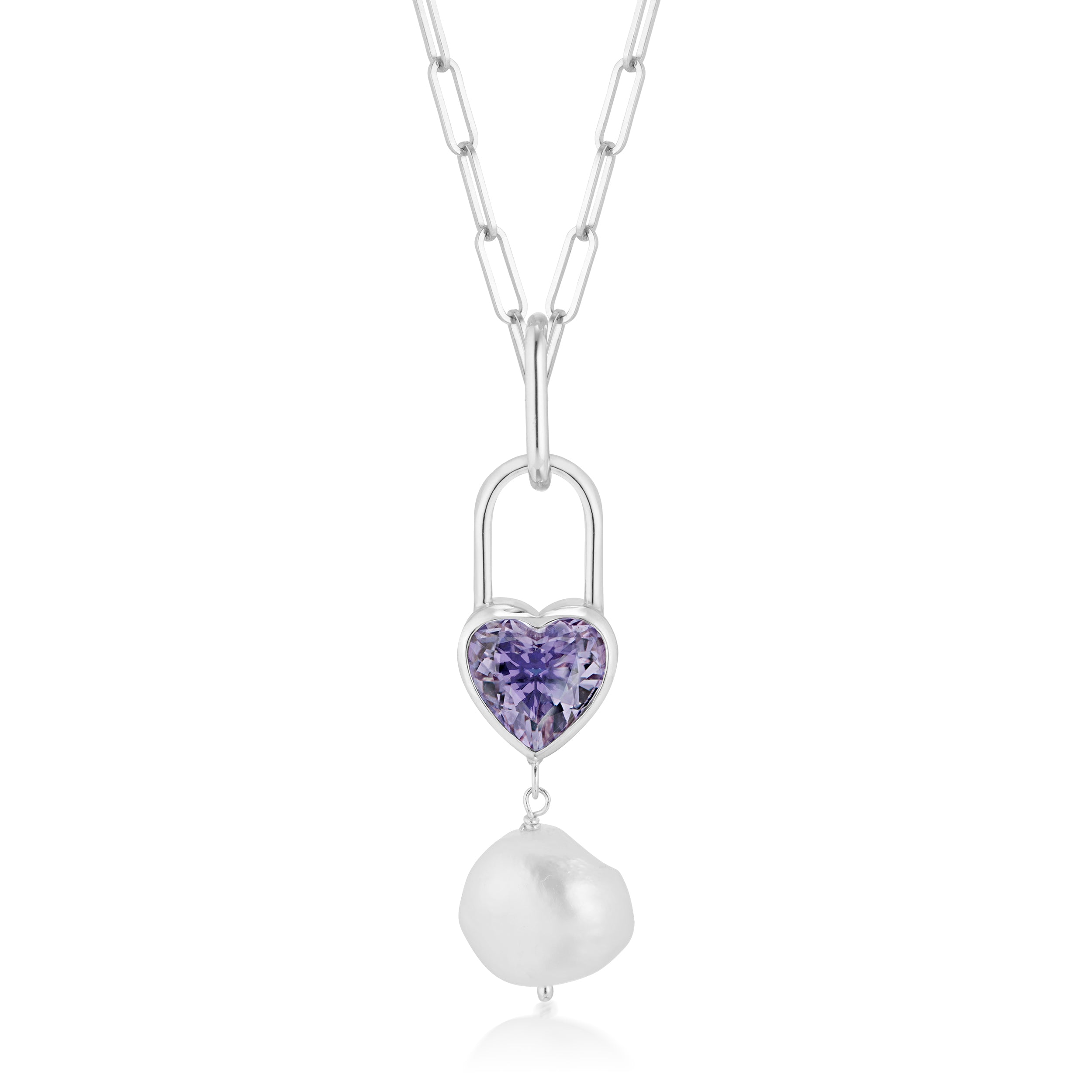 Large Heart Lock Amethyst And Baroque Pearl Drop Elongated Link Paperclip Necklace White Close Up View
