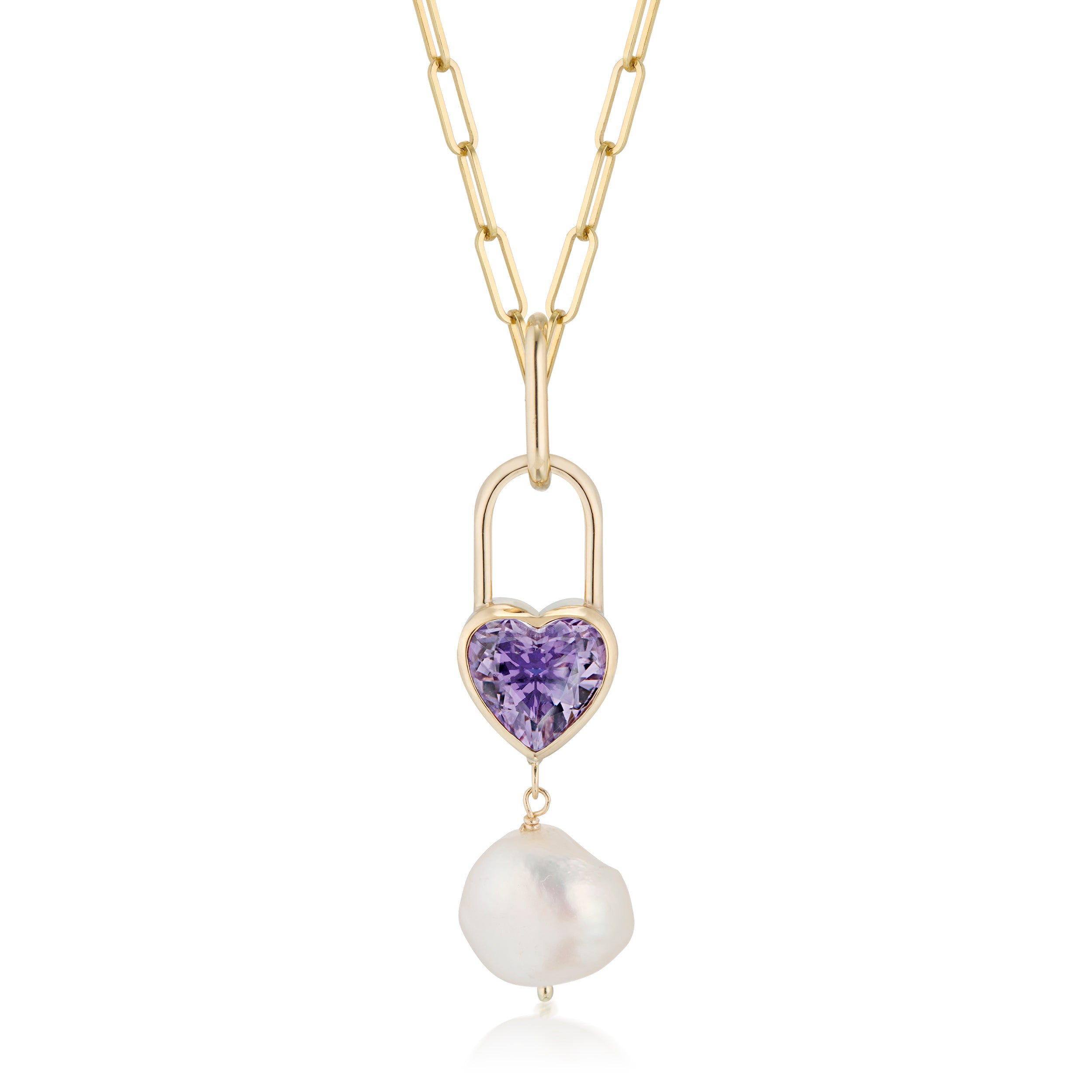 Large Heart Lock Amethyst And Baroque Pearl Drop Elongated Link Paperclip Necklace Yellow Close Up View