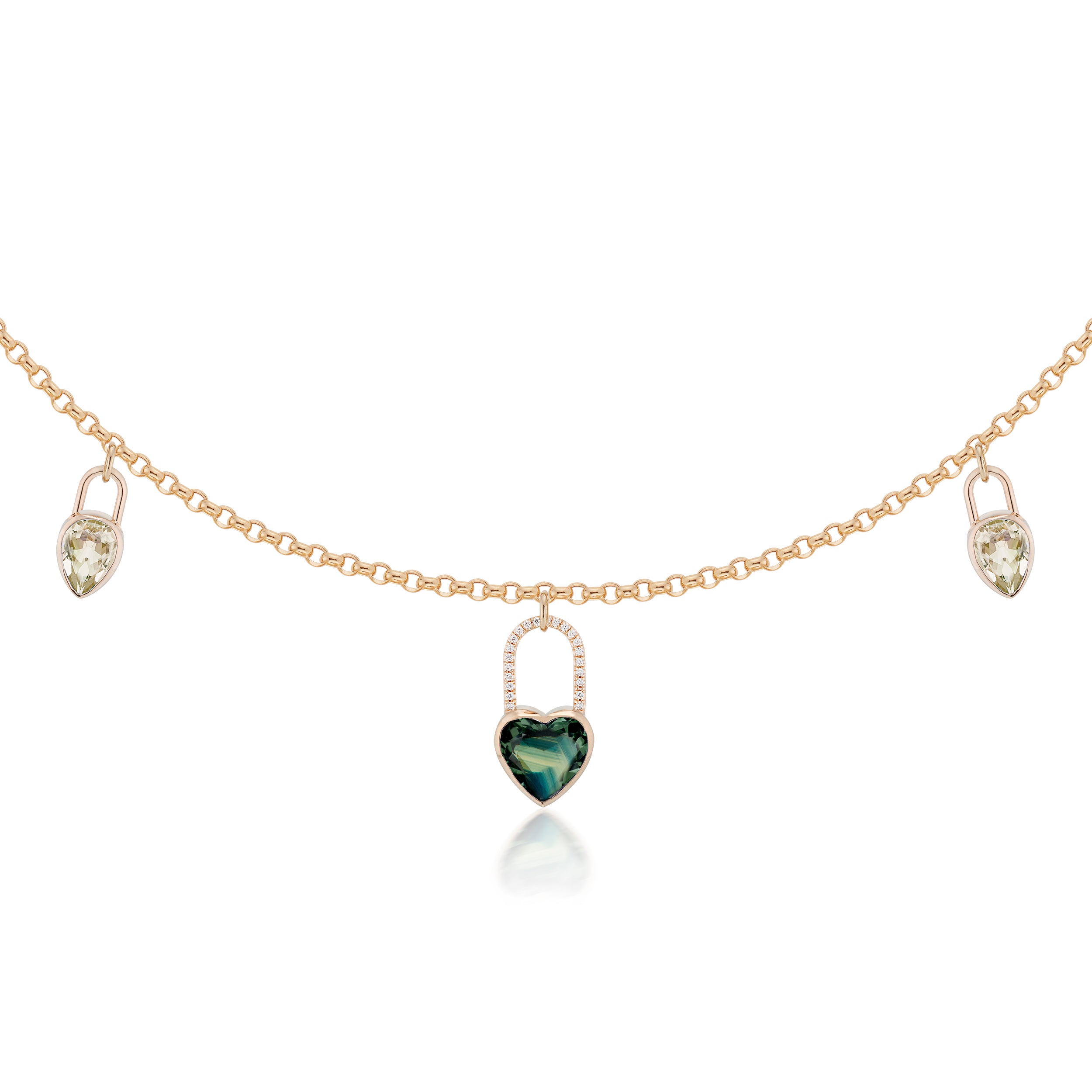 Heart Sapphire & Pear Prasiolite Lock Charm Necklace in Rose Gold Closeup
