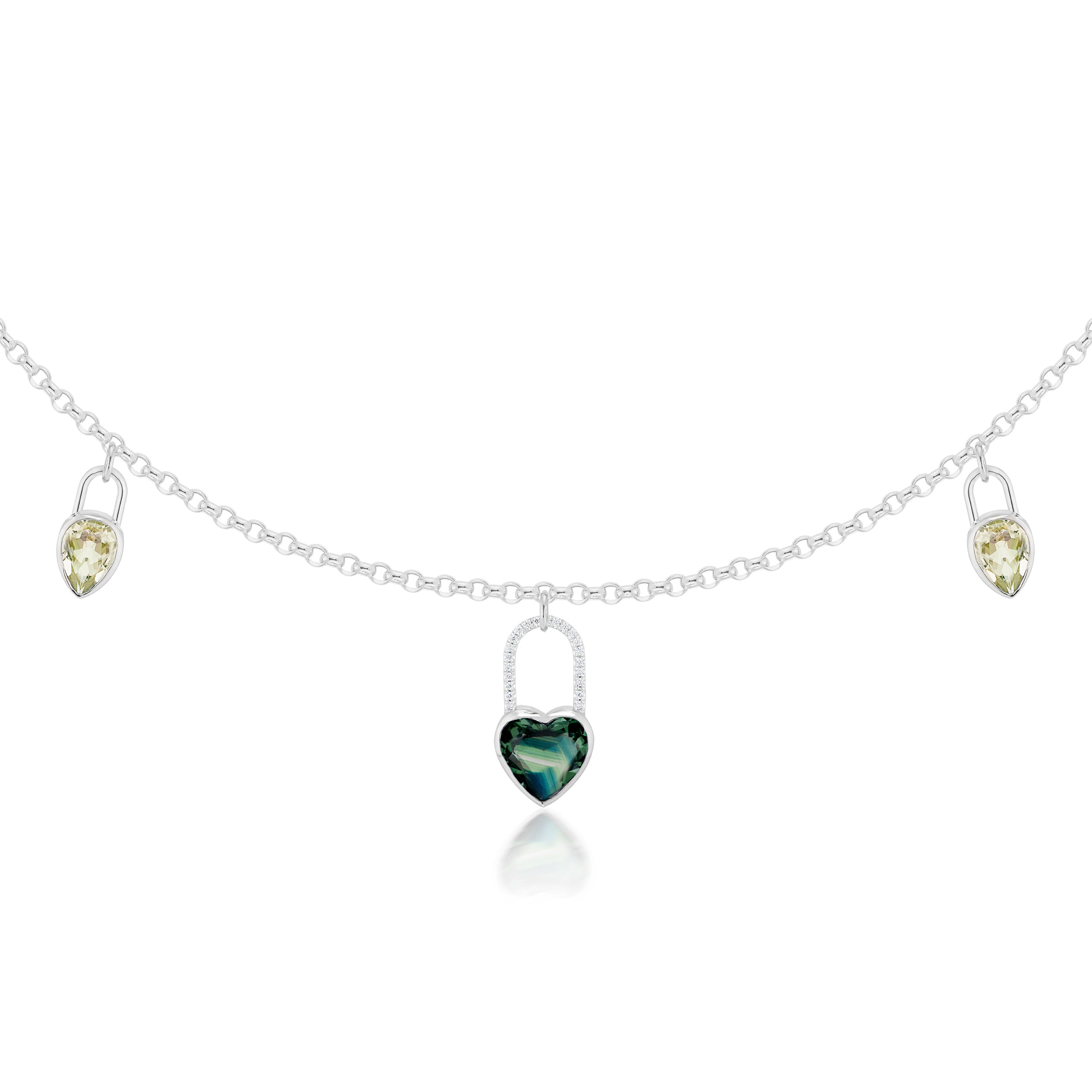 Heart Sapphire & Pear Prasiolite Lock Charm Necklace in White Gold Closeup
