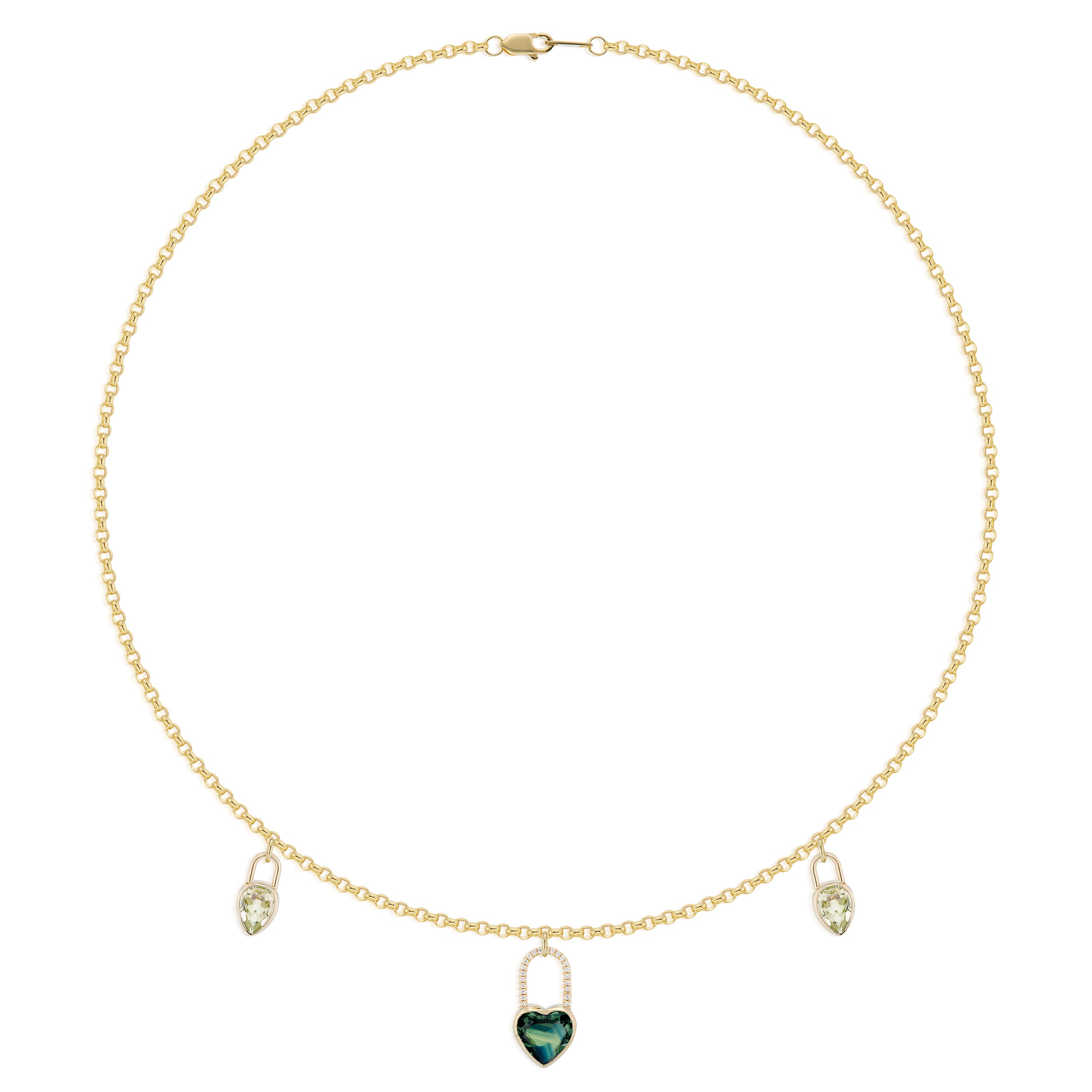 Heart Sapphire & Pear Prasiolite Lock Charm Necklace in Yellow Gold Full Image