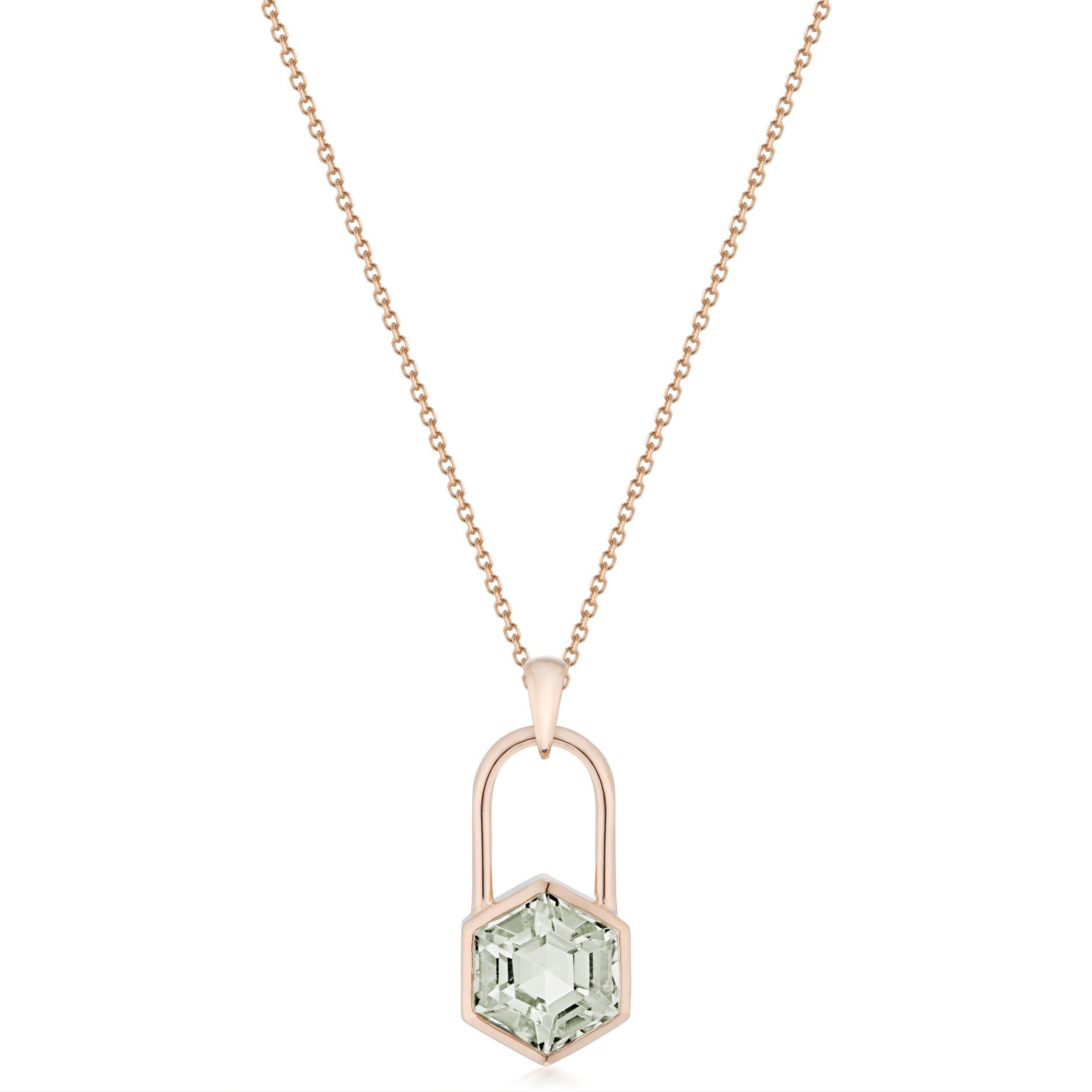 Vale Jewelry Large Hexagon Lock Prasiolite Necklace in Rose Gold