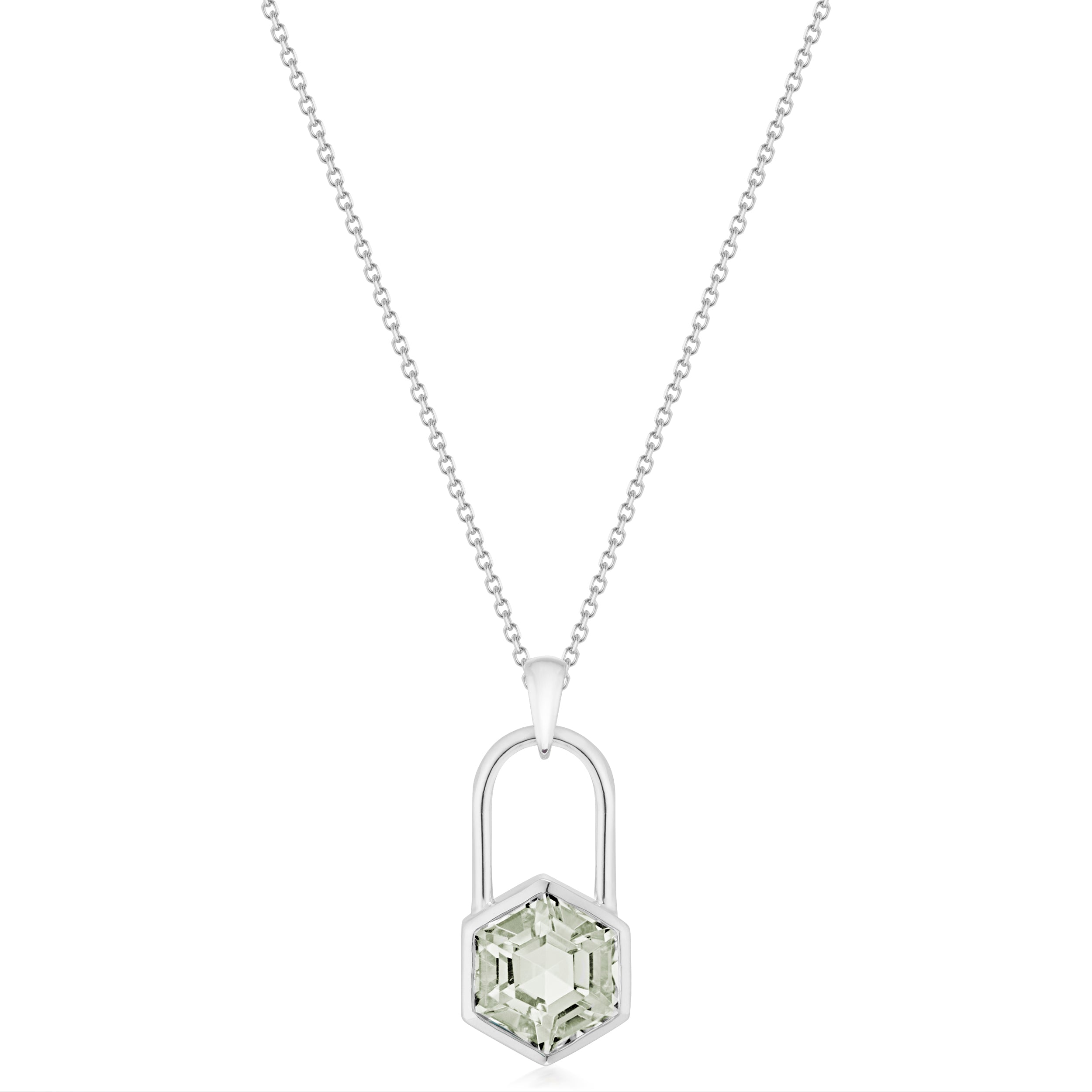 Vale Jewelry Large Hexagon Lock Prasiolite Necklace in White Gold