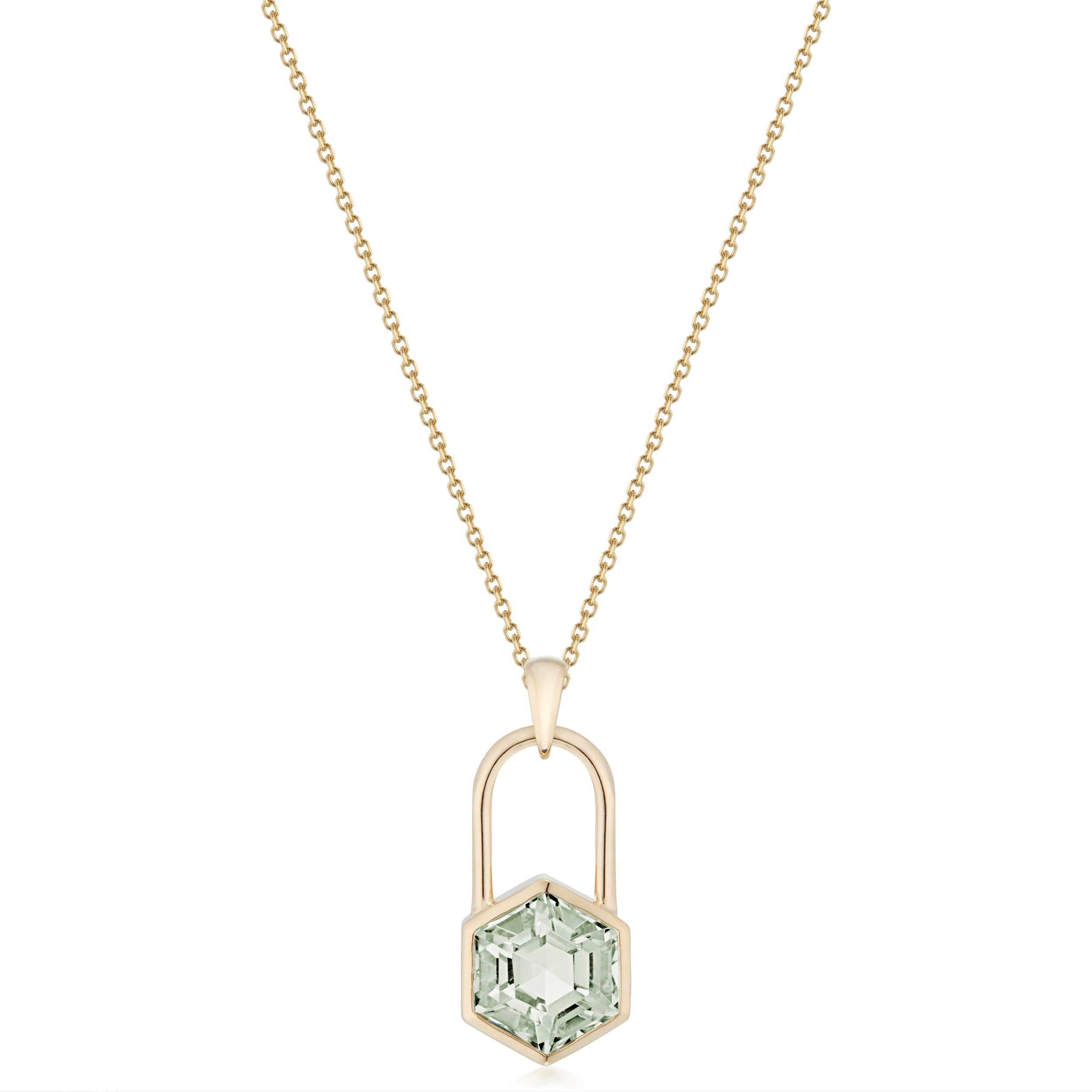 Vale Jewelry Large Hexagon Lock Prasiolite Necklace in Yellow Gold