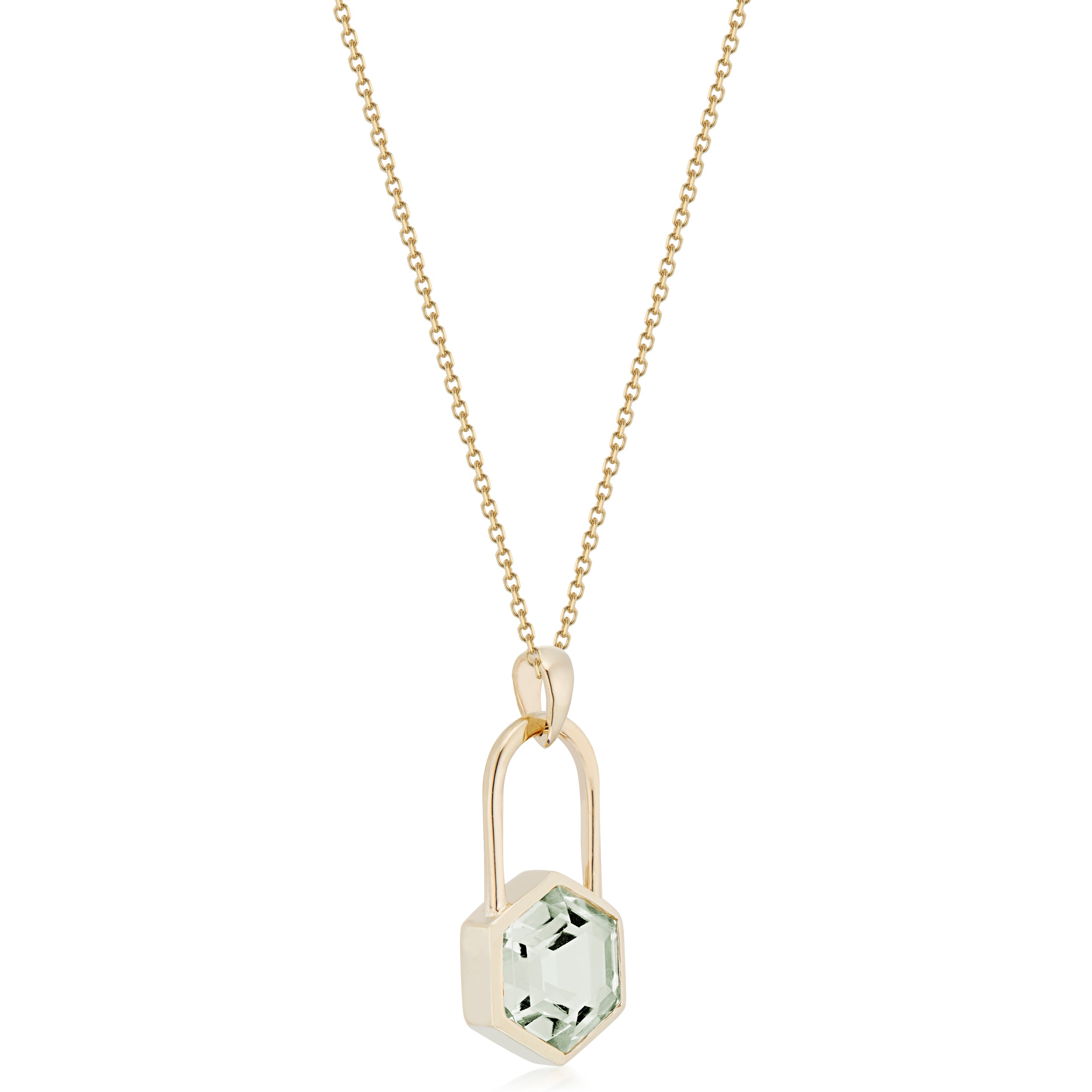 Vale Jewelry Large Hexagon Lock Prasiolite Necklace in Yellow Gold Side View